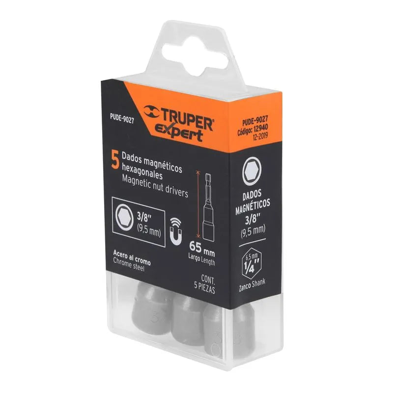 Estuche con 5 dados magnéticos de 3/8" largo 2", Truper - 12940