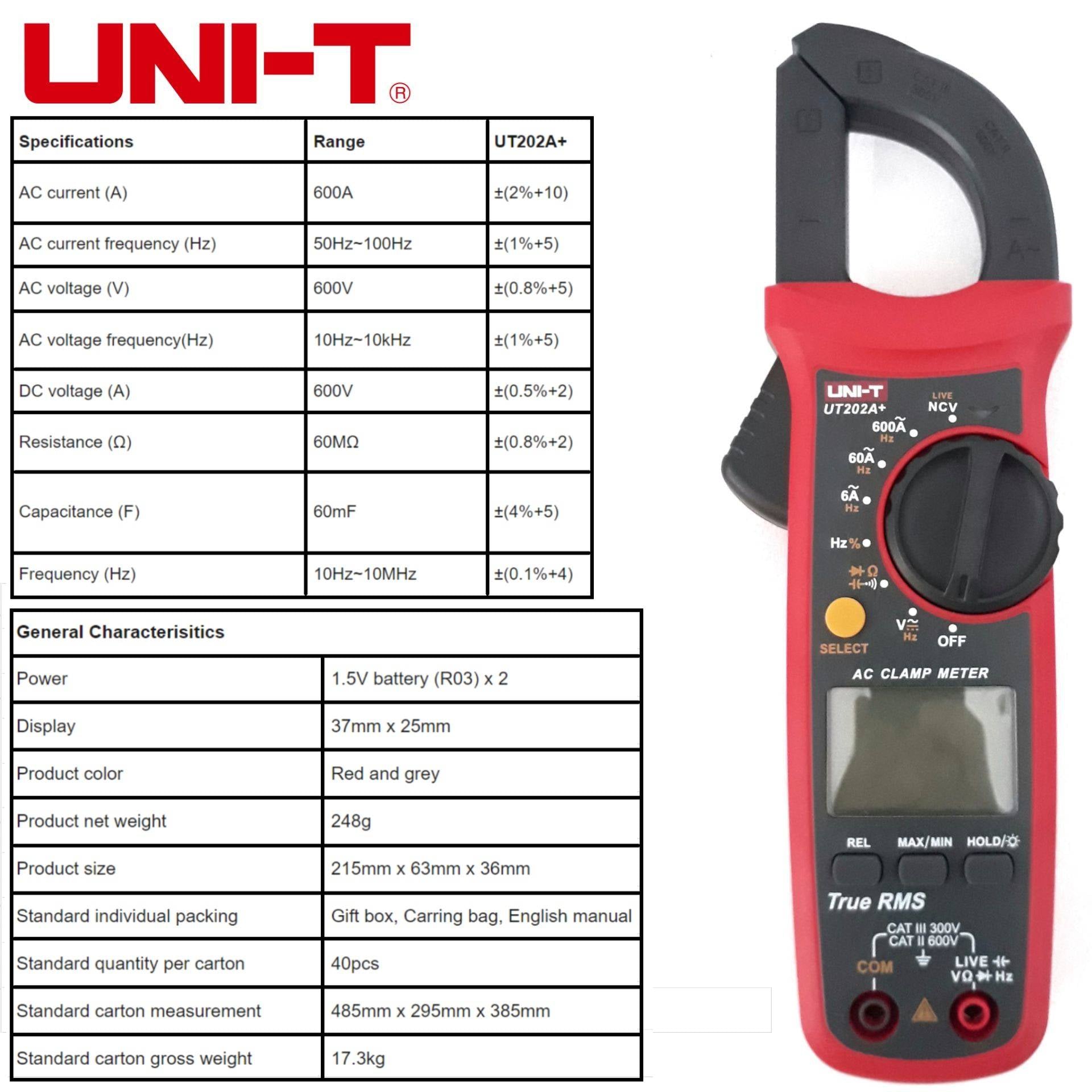 Pinza Amperimetrica UNIT UNI-T UT202A+ UT-202A+ AC 600A