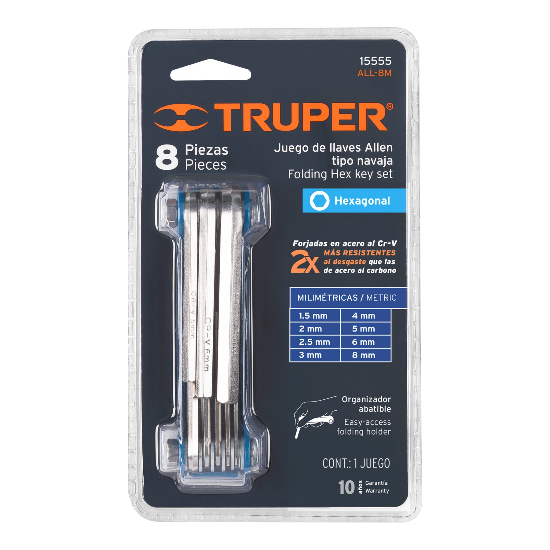 Juego de 8 llaves allen mm tipo navaja, cuerpo de lámina, Truper - 15555