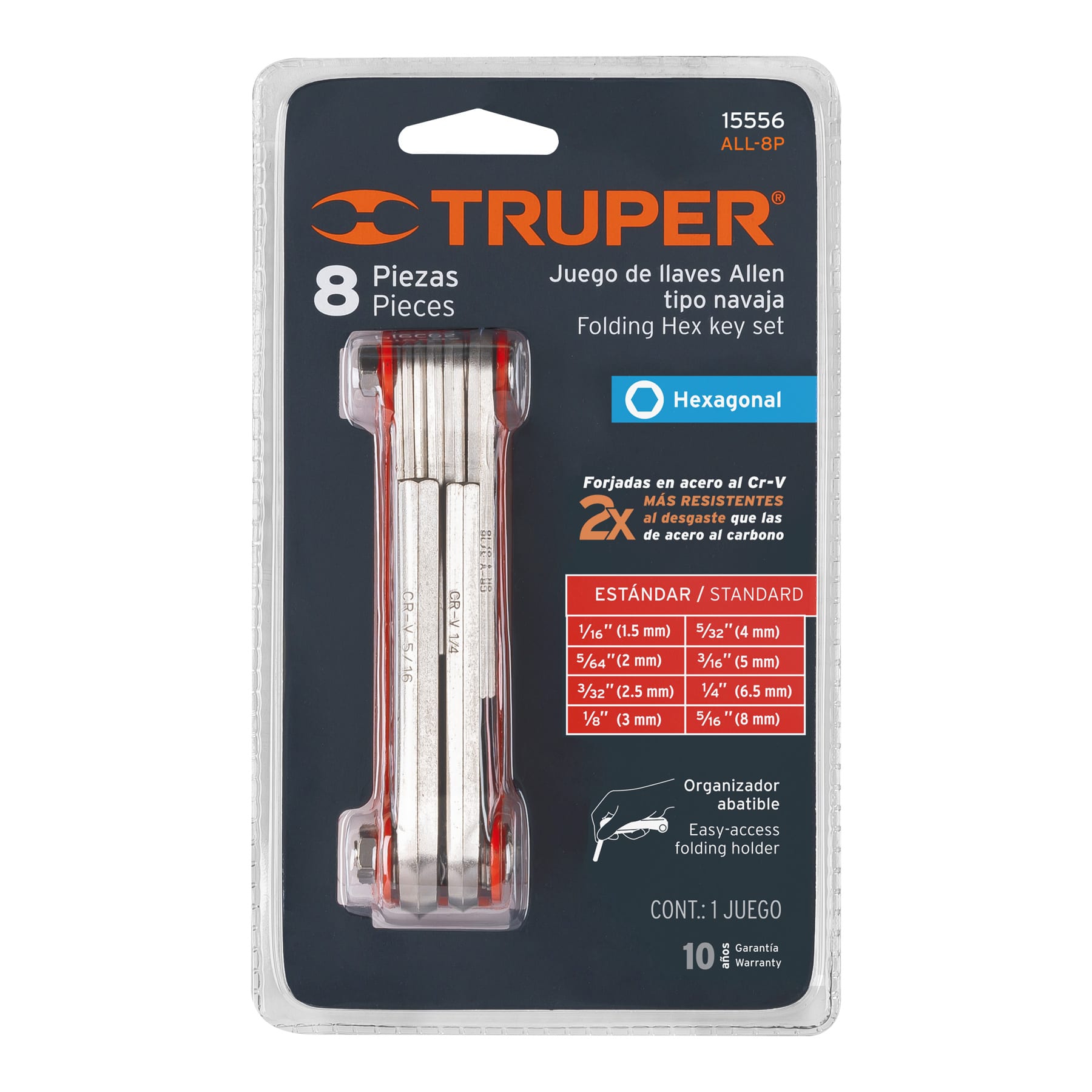 Juego de 8 llaves allen std tipo navaja, cuerpo de lámina, Truper - 15556