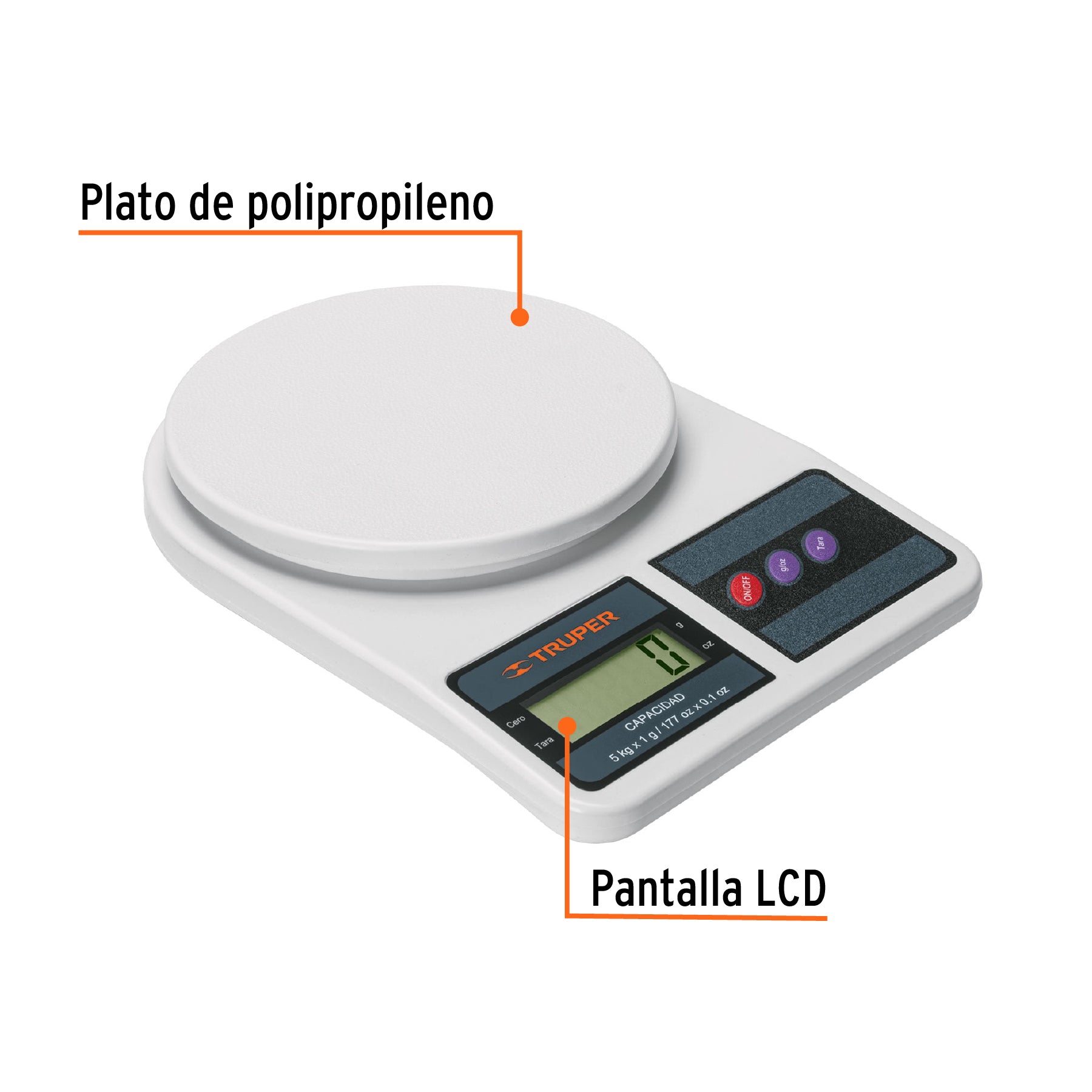 Balanza digital para cocina, capacidad 5 kg, Truper - 15161