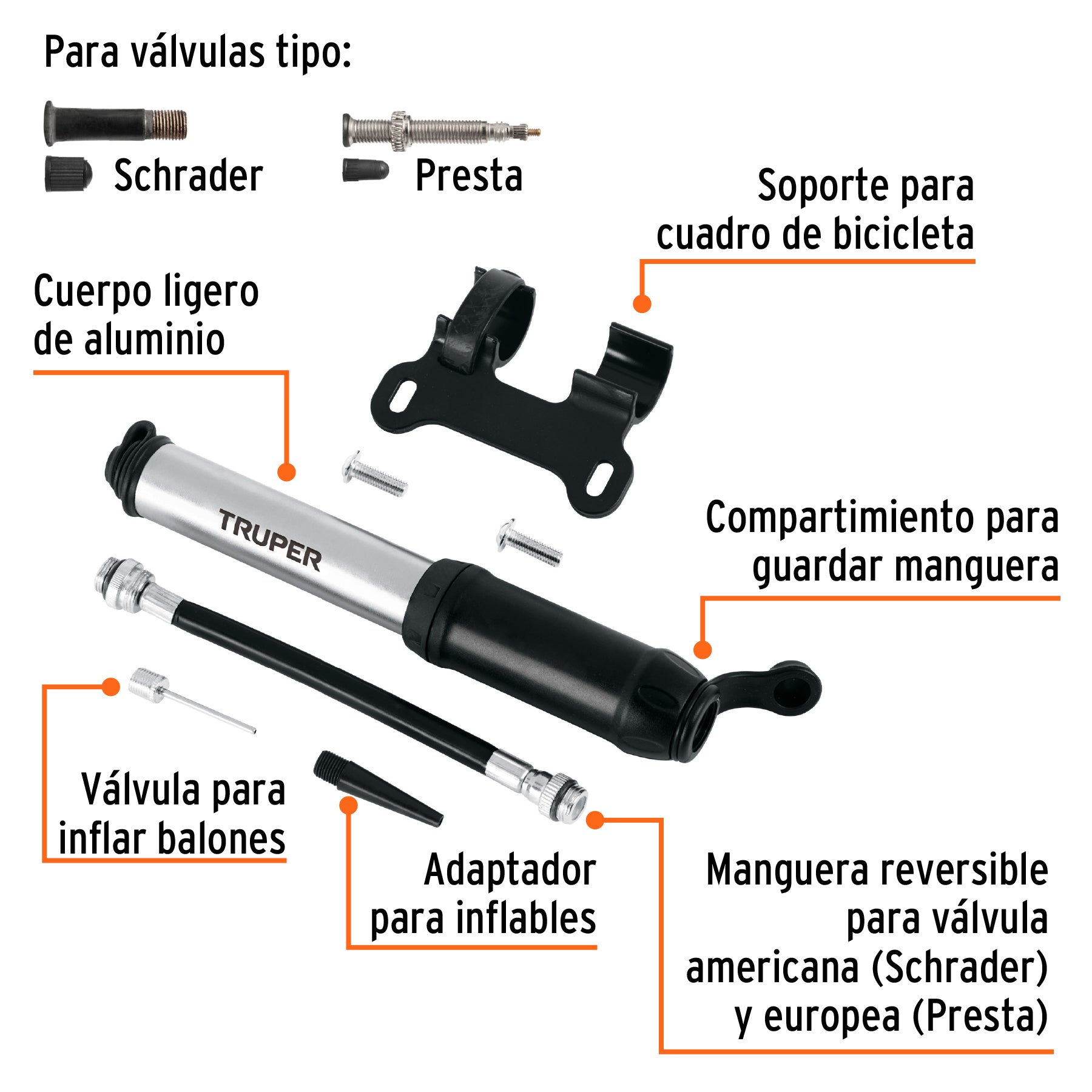 Mini inflador manual de aluminio para bicicleta, 75 PSI, Truper - 11997