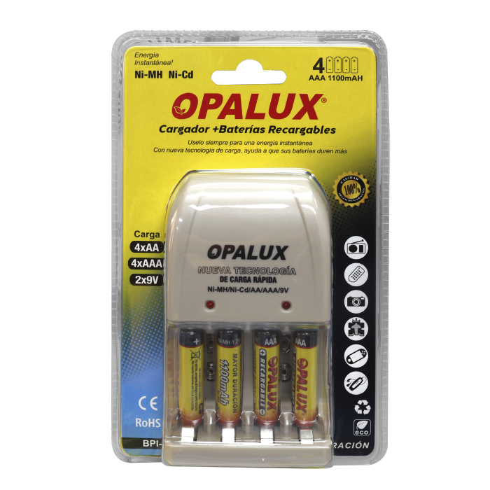 Cargador de Pilas AA/AAA/9V "Opalux" Ni-MH/Ni-UL + 4 Pilas NH-AAA1100B (BPI-06AAA1)