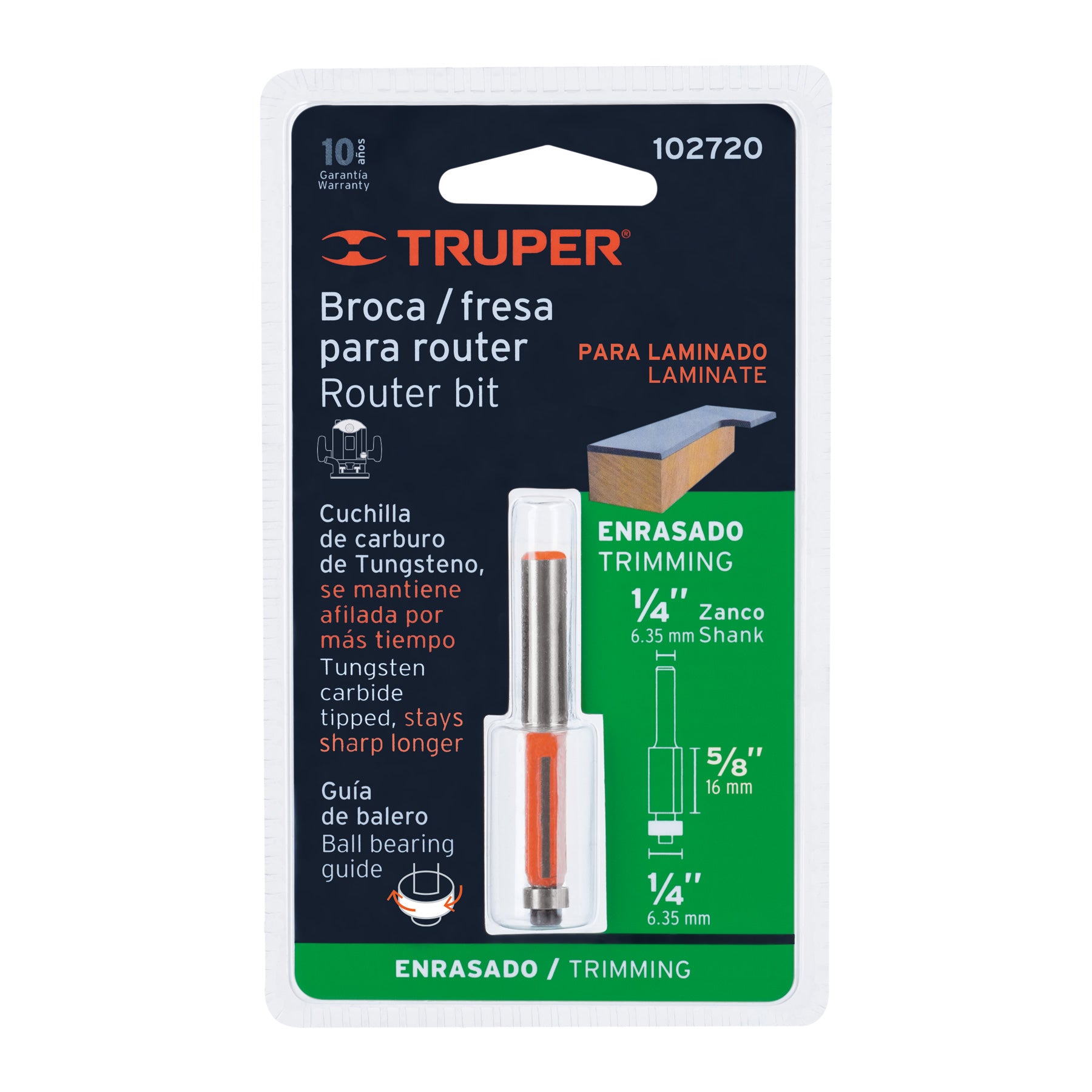 Broca para router, corte recto, 1/4' con balero, Truper - 102720