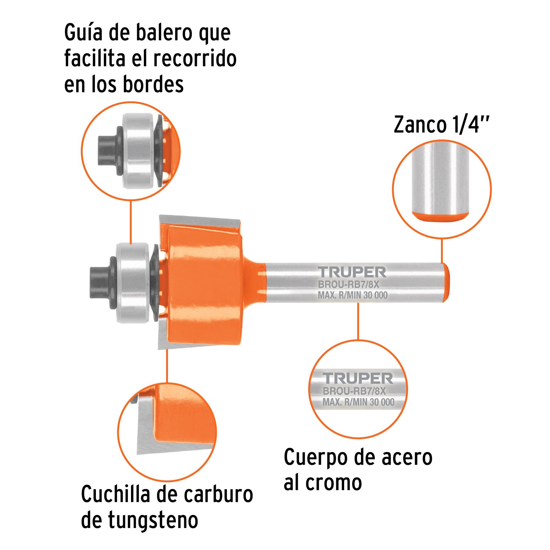 Broca para router, rebajado, 7/8' con balero, Truper - 102724