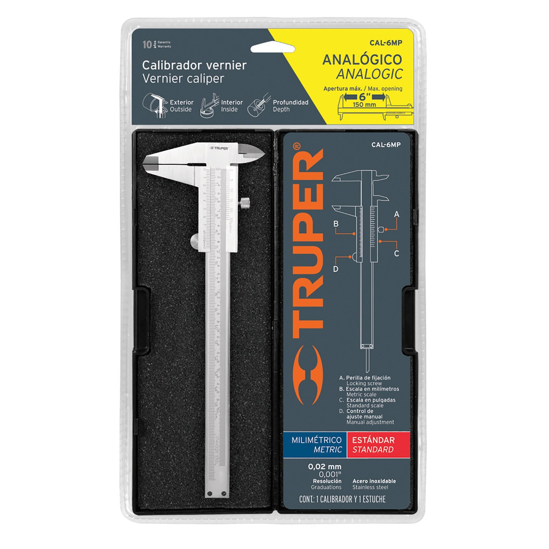 Calibrador (pie de rey) analógico 6" acero inox, std y mm, Truper - 14394