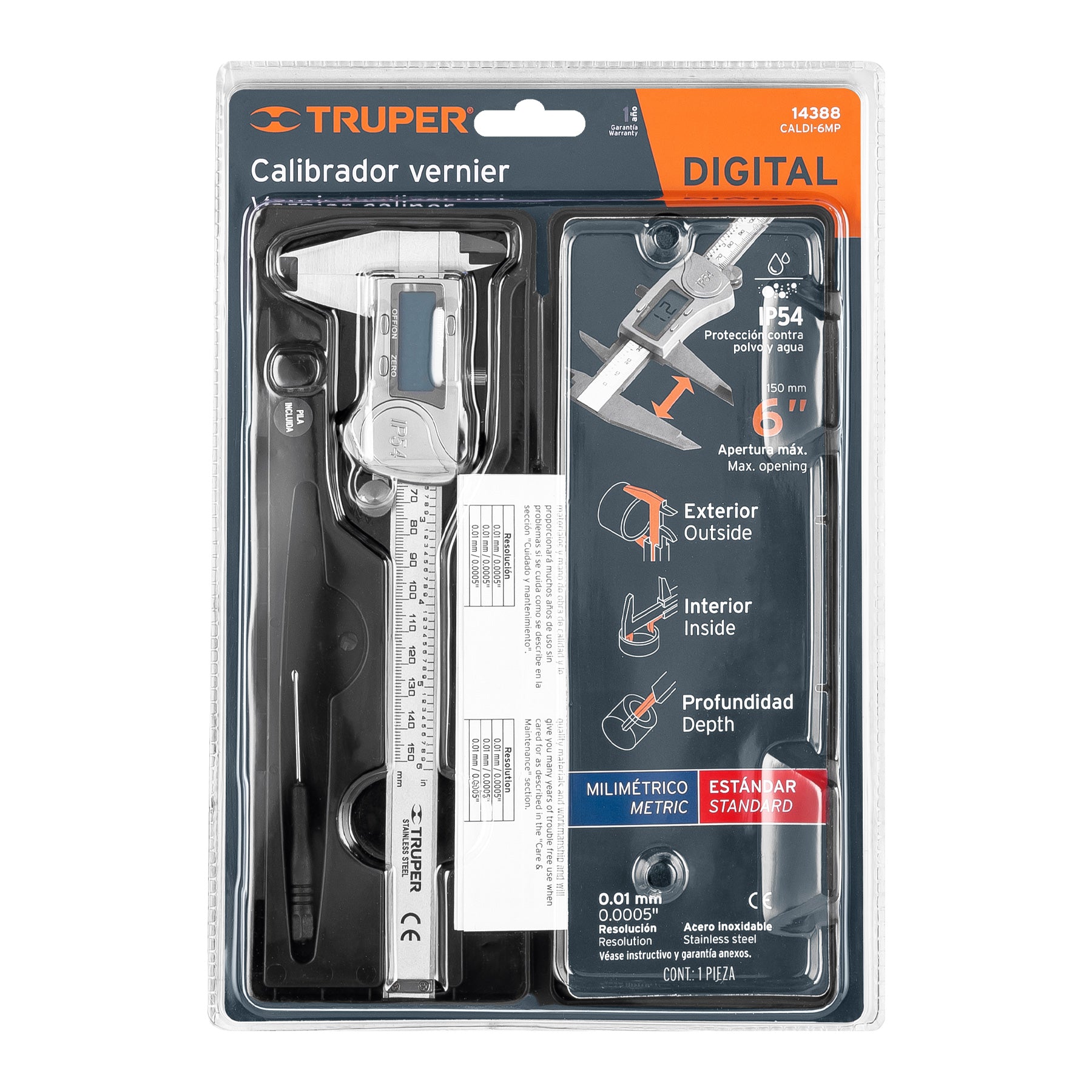 Calibrador vernier digital 6" acero inox, std y mm, Truper - 14388