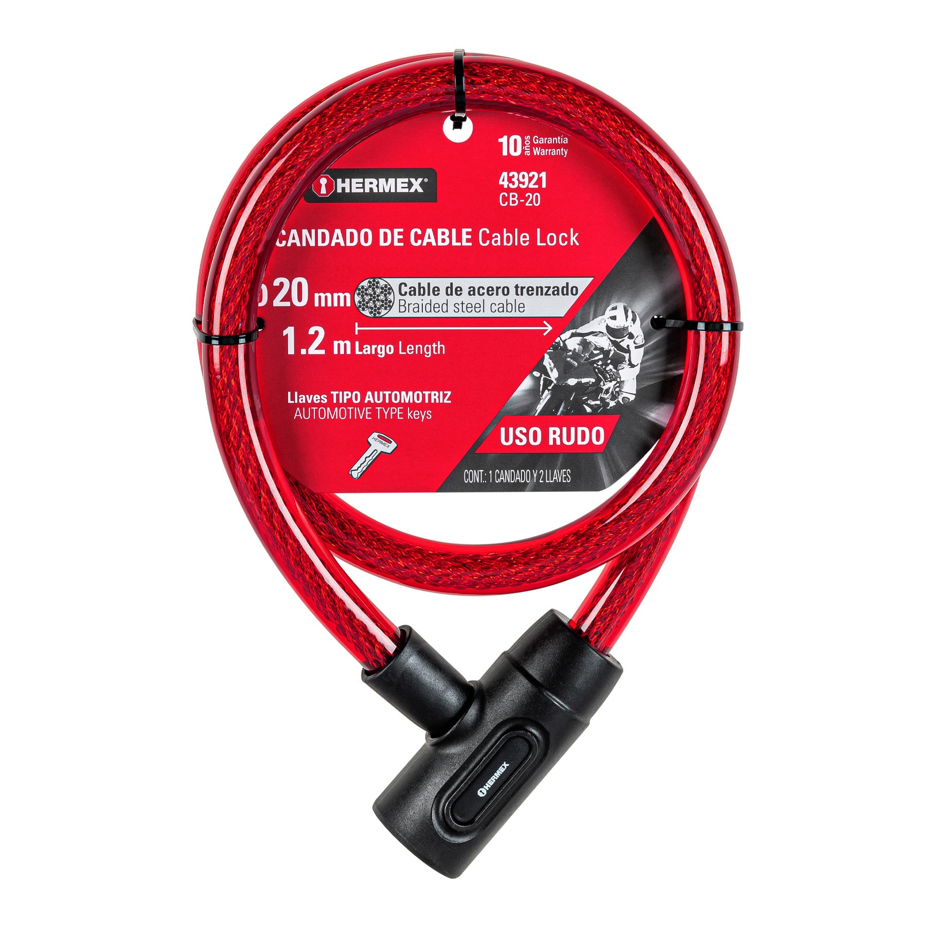 Candado de cable con llave, 20 mm X 1.20 m, HERMEX - 43921