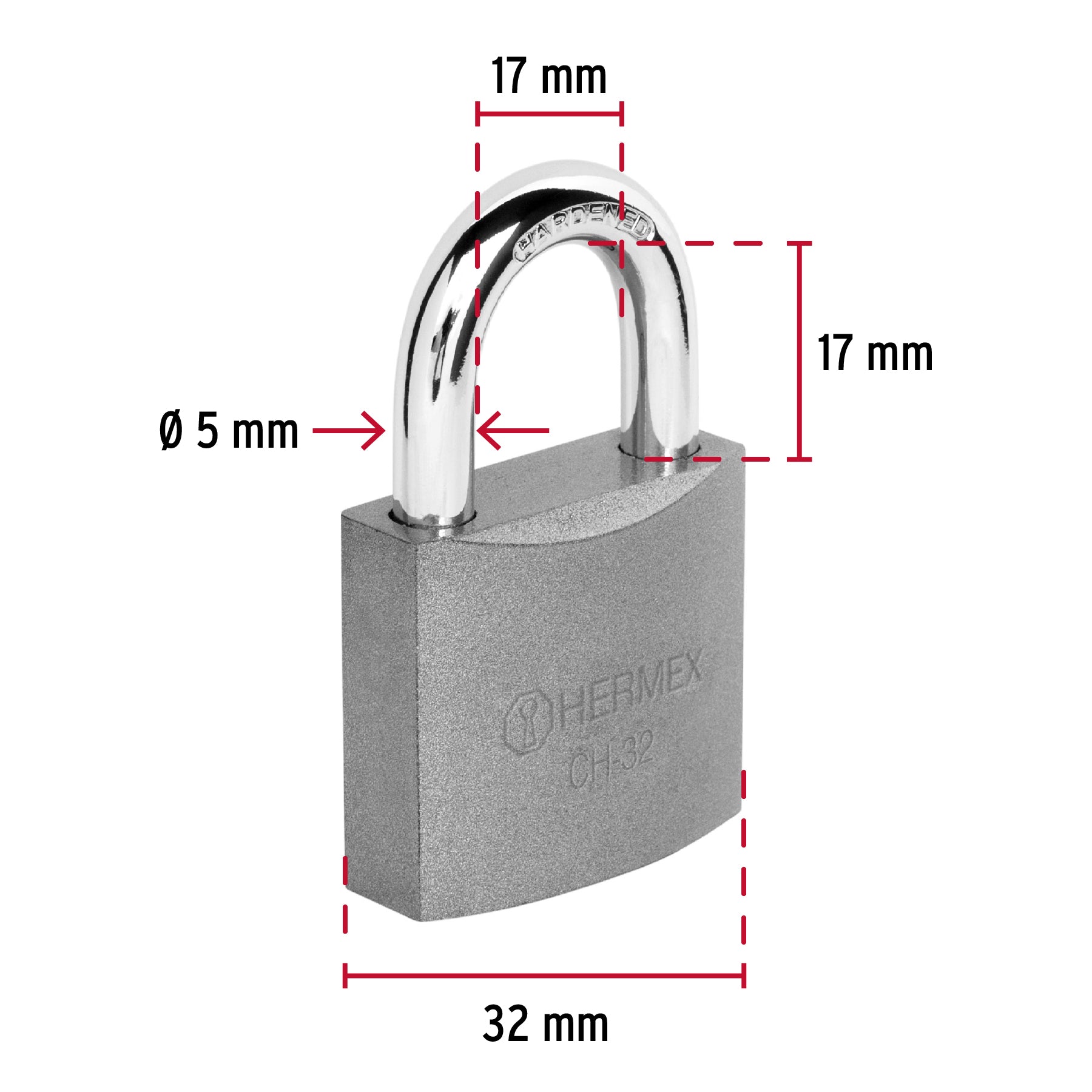 Candado de hierro 32 mm arco normal en caja, Hermex - 43791