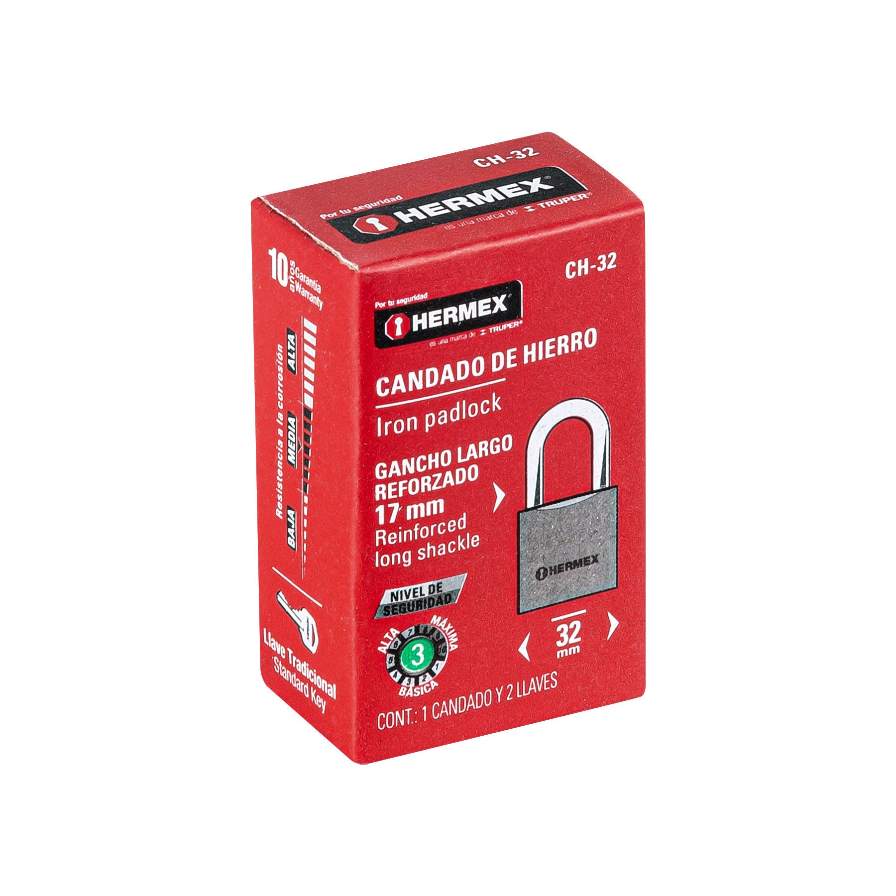 Candado de hierro 32 mm arco normal en caja, Hermex - 43791