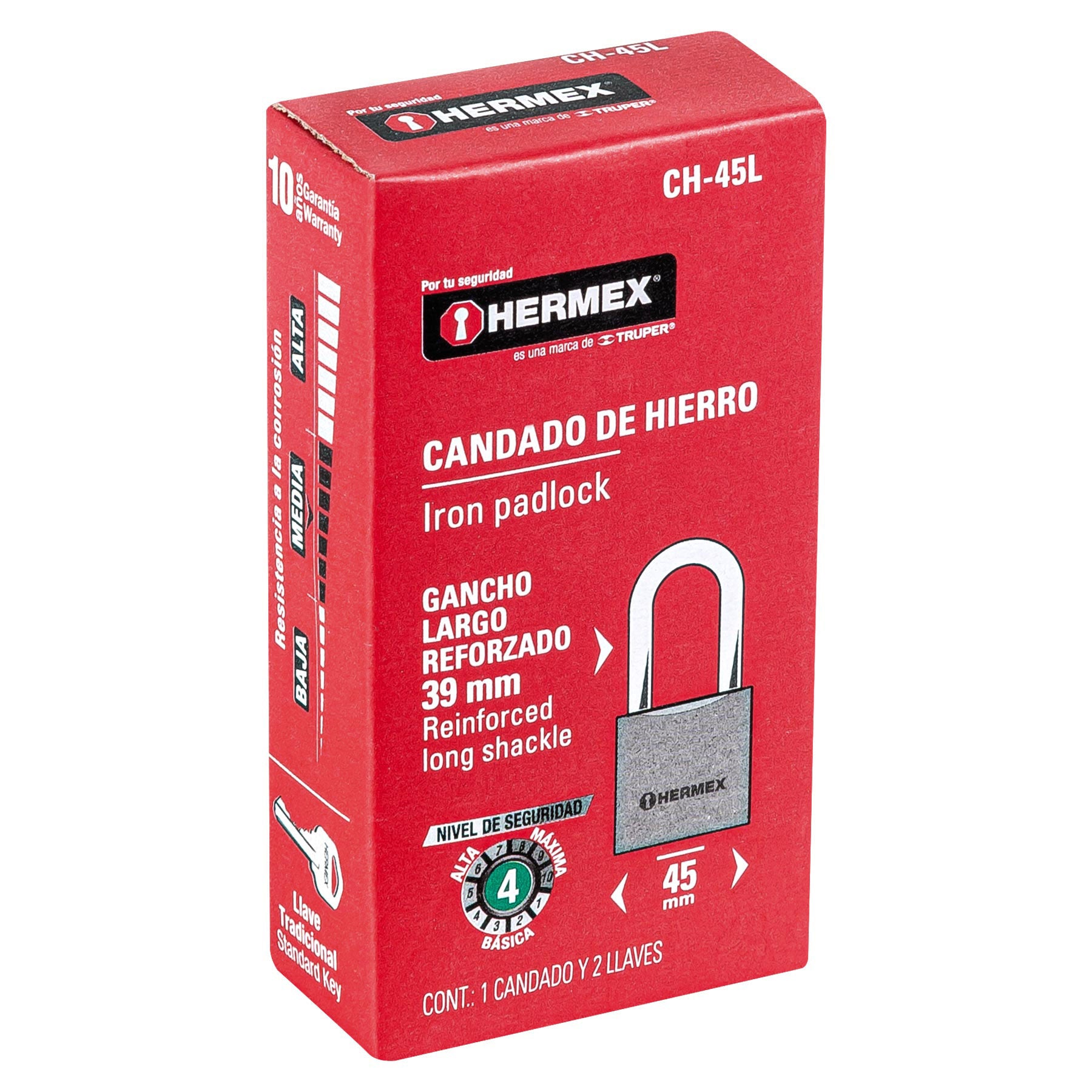Candado de hierro 45 mm arco largo en caja, Hermex - 43324