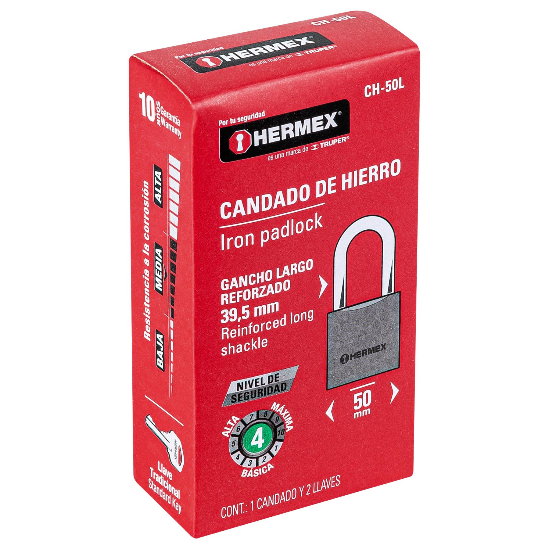 Candado de hierro 50 mm arco largo en caja, Hermex - 43325