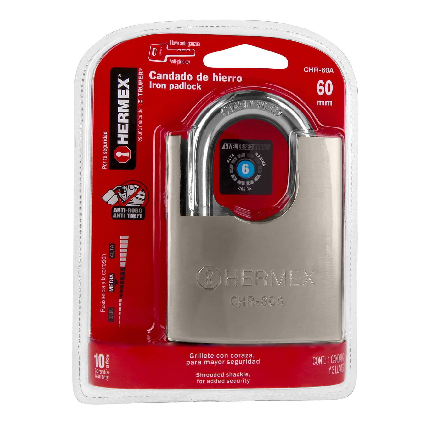 Candado 60 mm cuerpo acorazado de hierro, llave anti-ganzúa Hermex - 43314