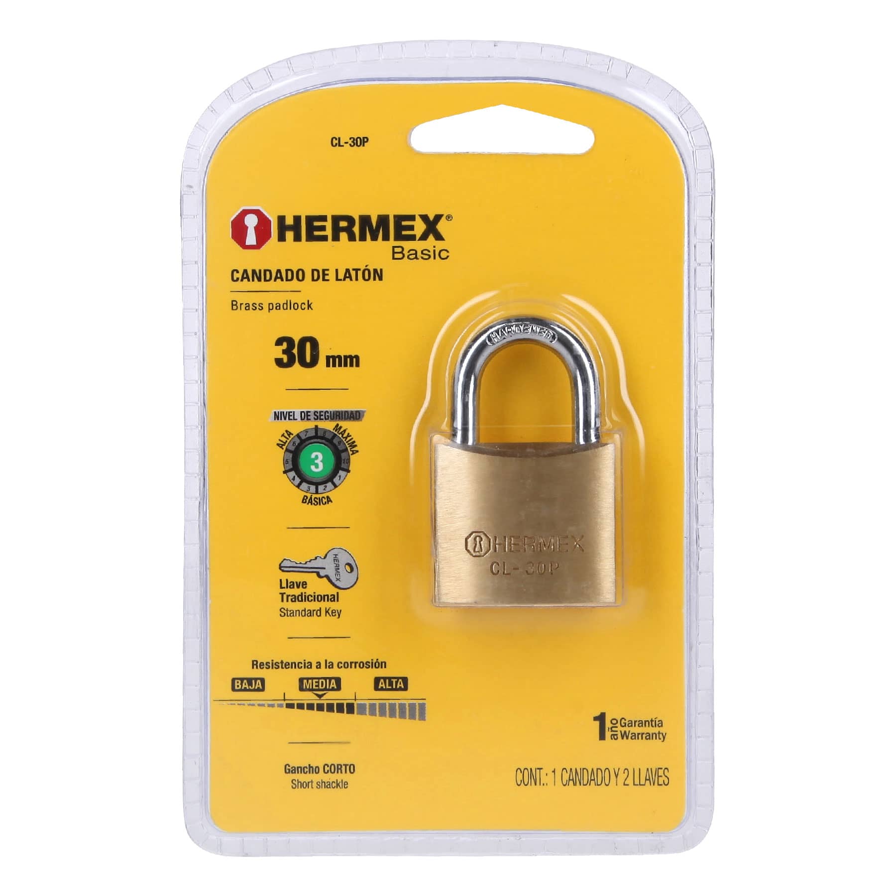 Candado de latón 30 mm arco normal, en blíster, Hermex Basic - 23514