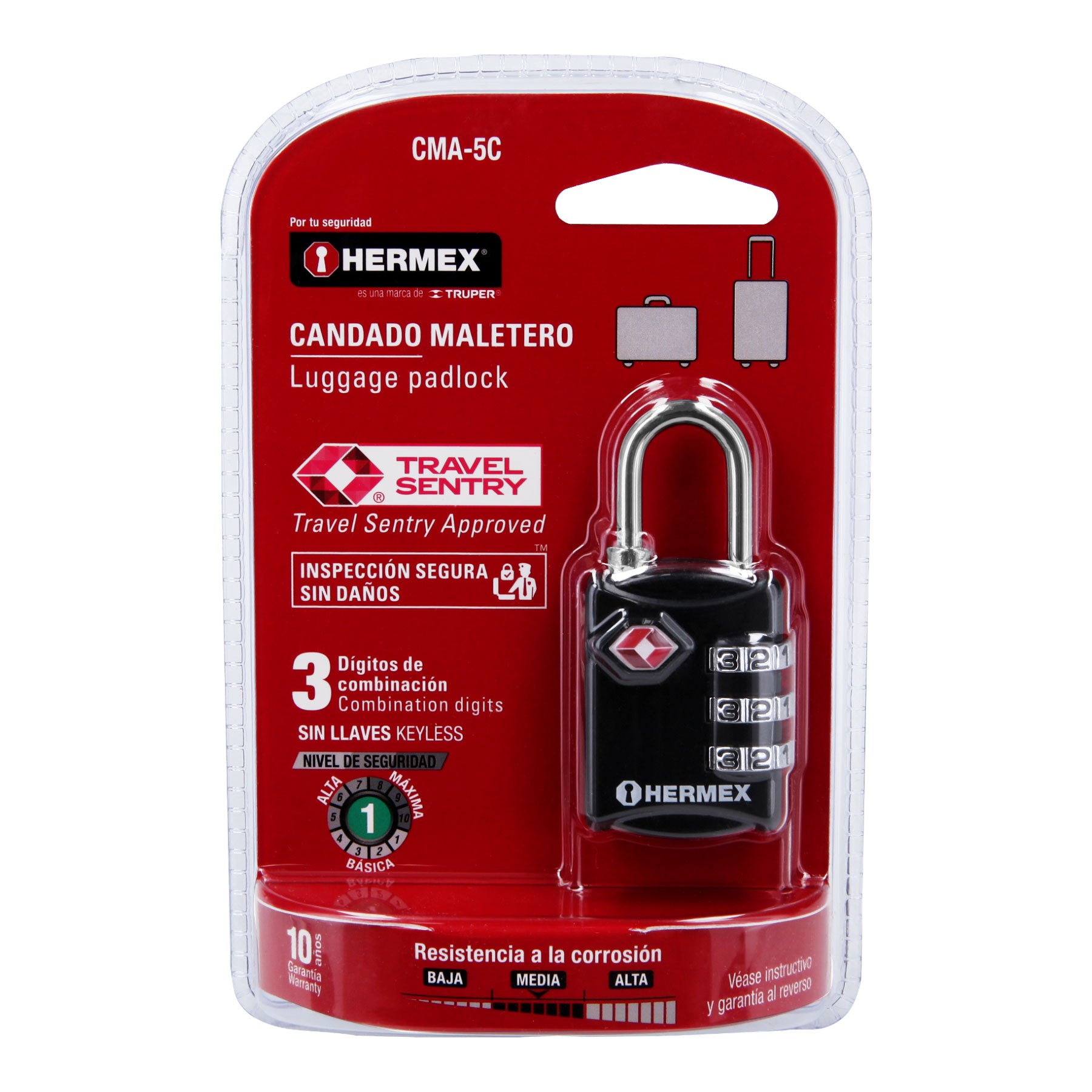 Candado maletero de combinación 27 mm seguridad TSA, blíster Hermex - 46291