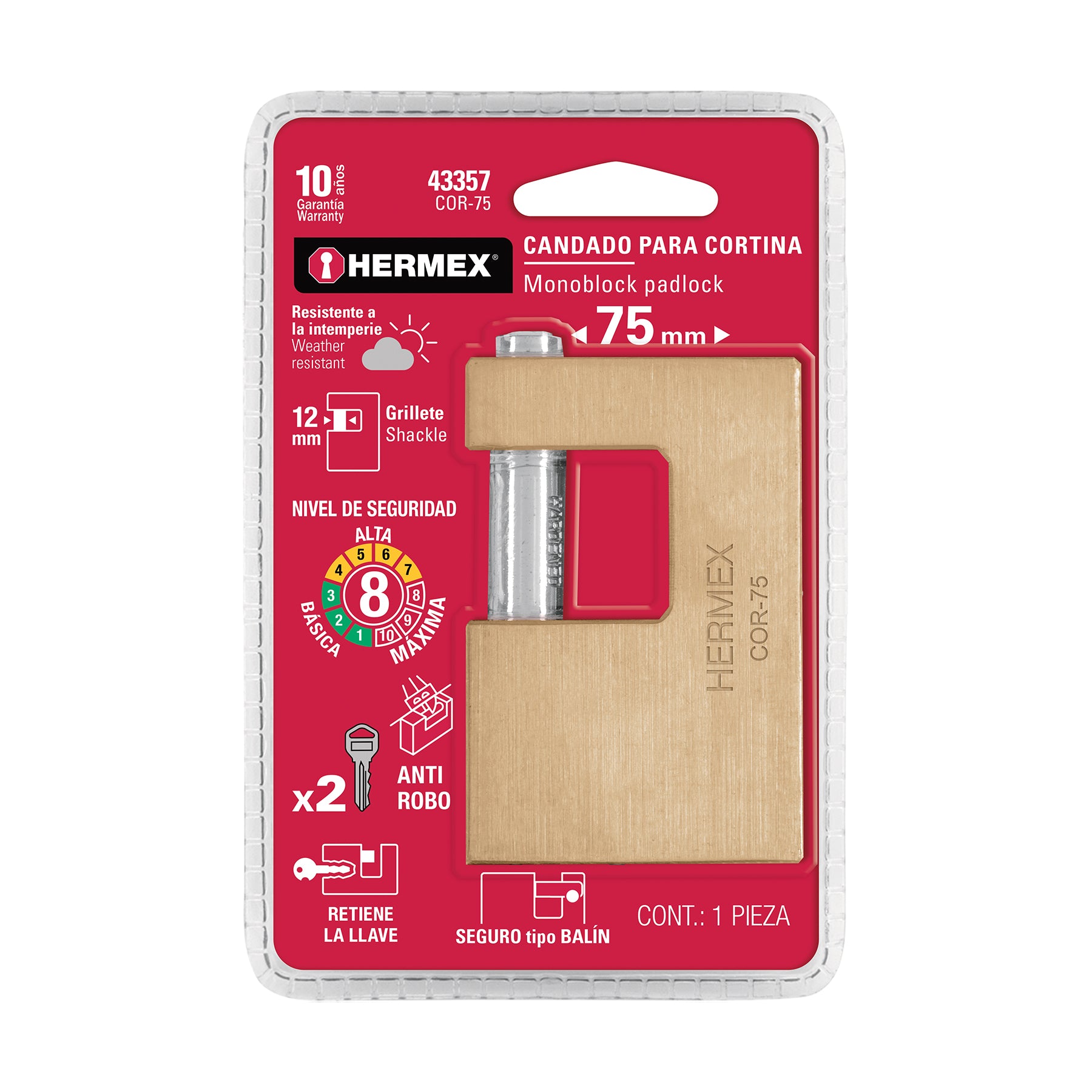 Candado antipalanca, 75mm, cuerpo de latón llave tradicional - 43357