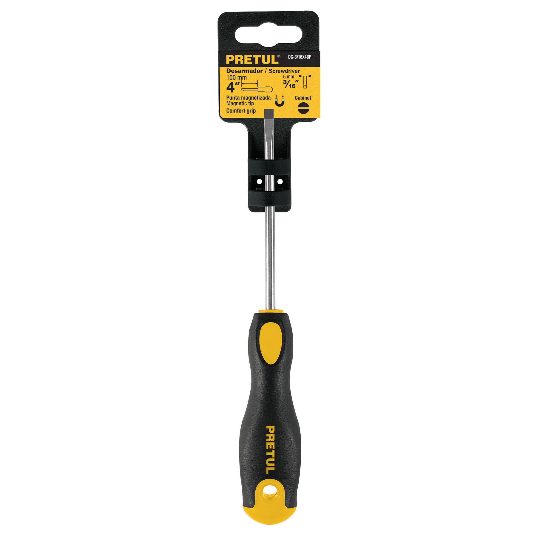 Desarmador plano cabinet 3/16 x 4" mango Comfort Grip, Pretul - 21489