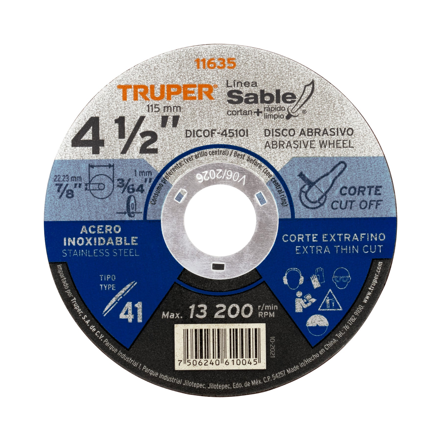 Disco Tipo 41 de 4-1/2" x 1 mm corte fino acero inox, Sable Truper - 11635