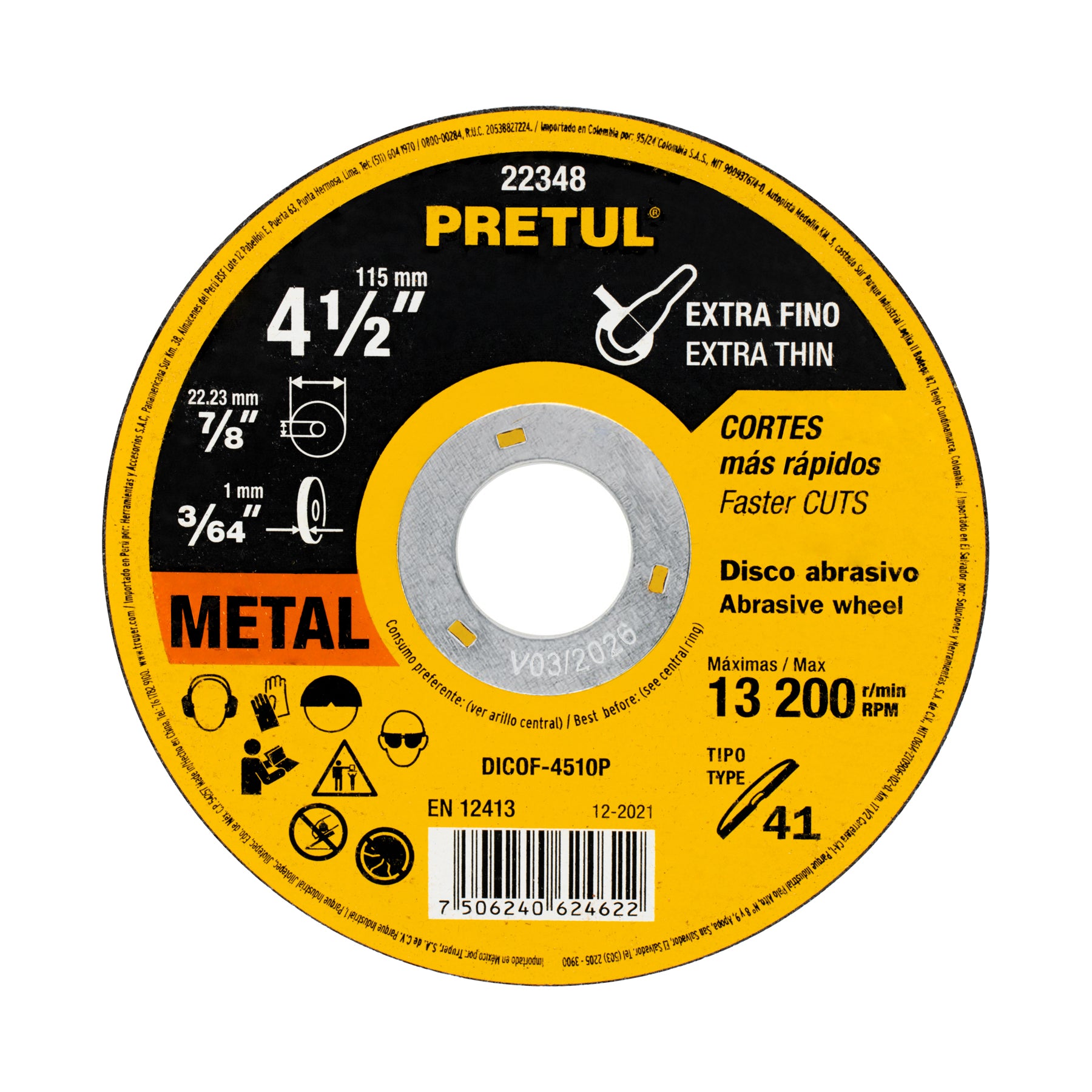 Disco Tipo 41 de 4-1/2" x 1 mm corte fino de metal, Pretul - 22348