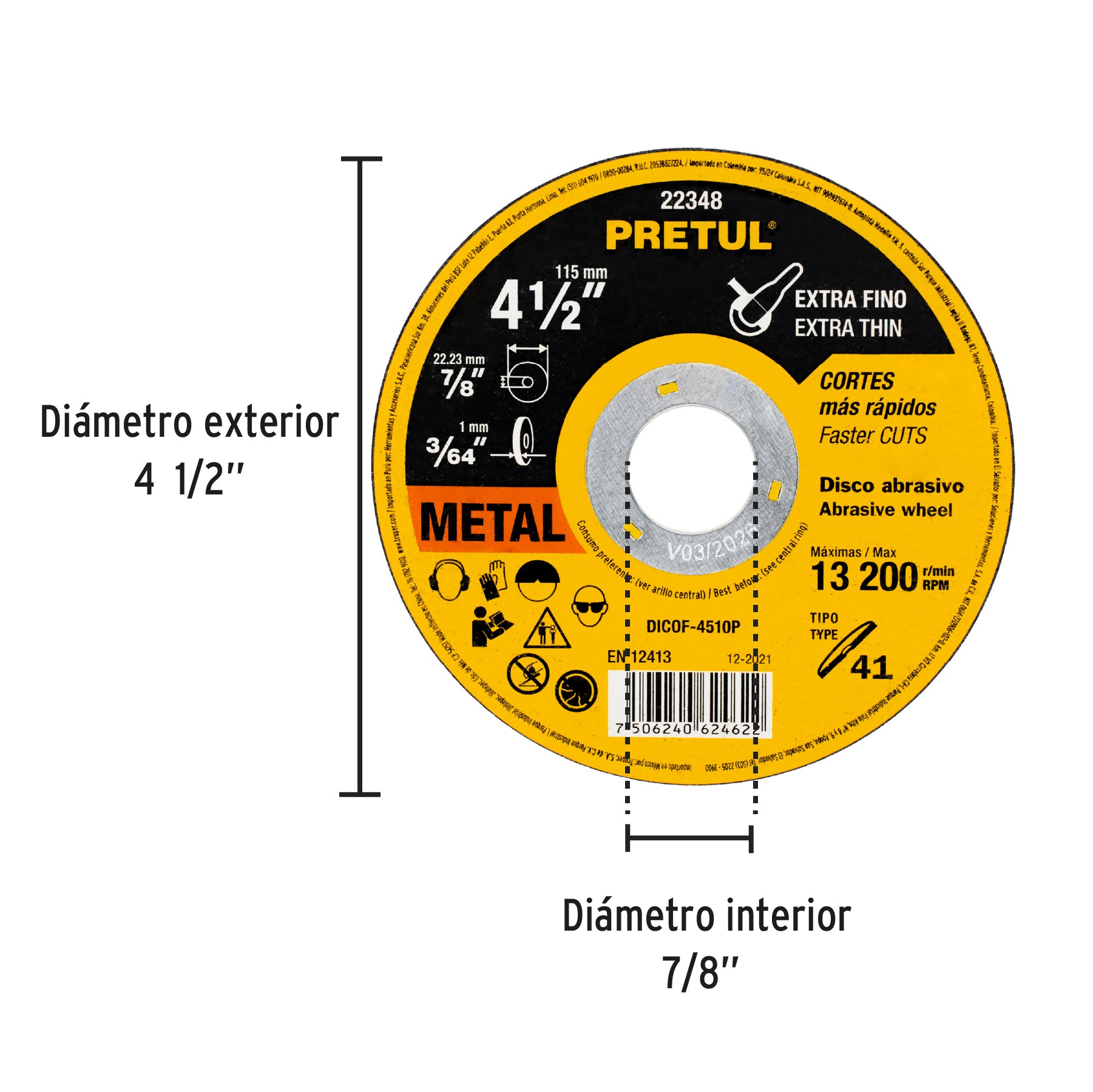 Disco Tipo 41 de 4-1/2" x 1 mm corte fino de metal, Pretul - 22348