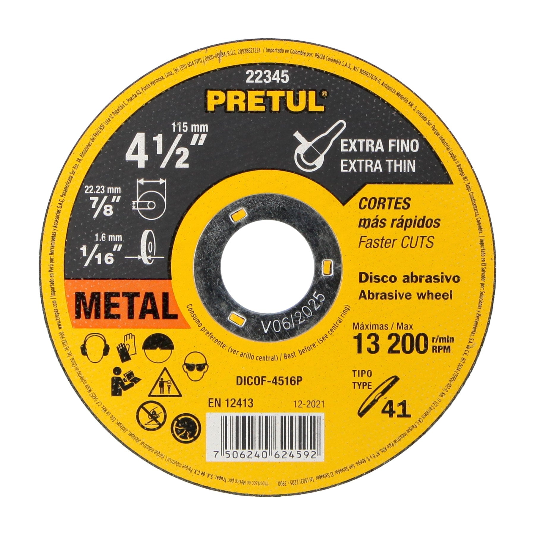 Disco Tipo 41 de 4-1/2" x 1.6 mm corte fino de metal, Pretul - 22345