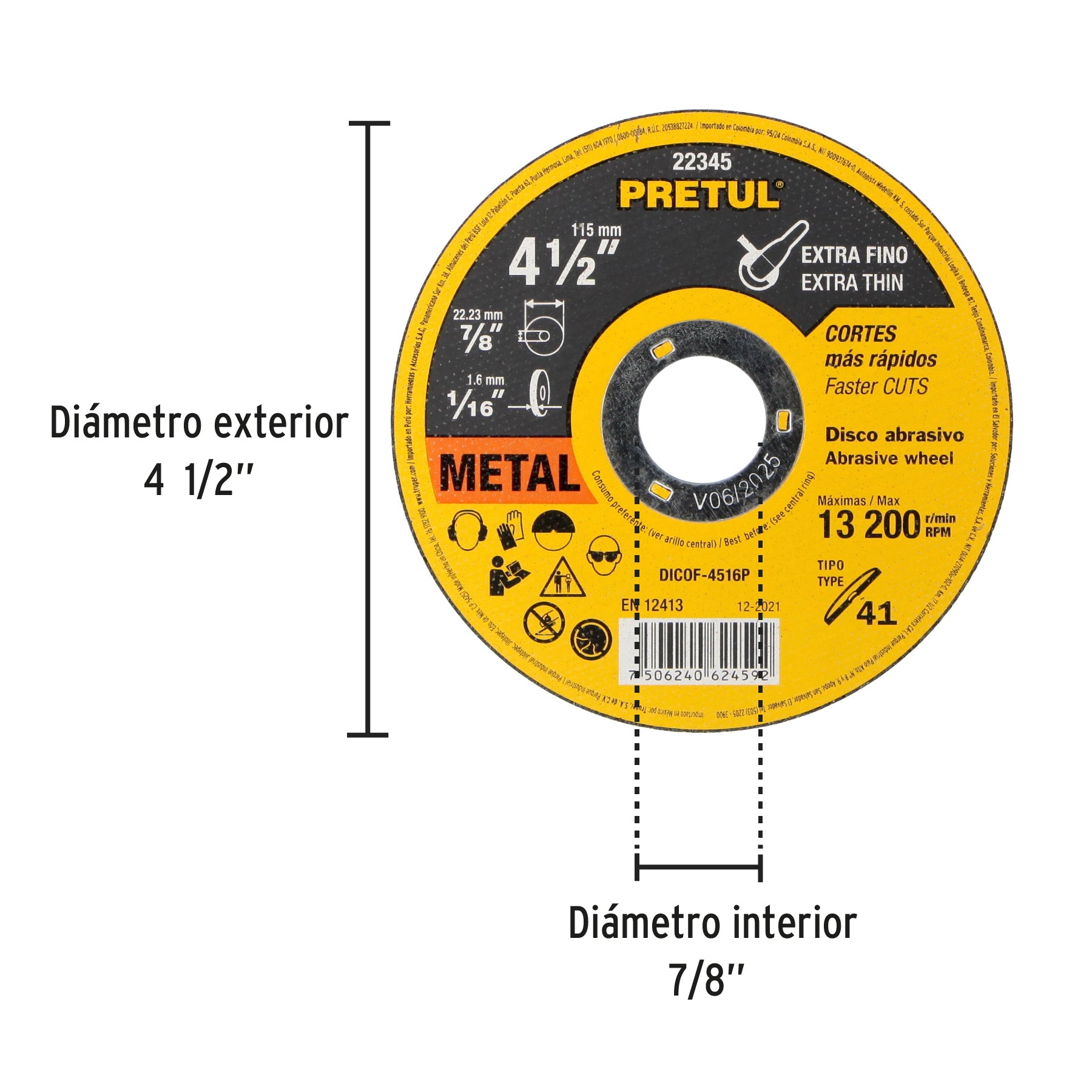 Disco Tipo 41 de 4-1/2" x 1.6 mm corte fino de metal, Pretul - 22345