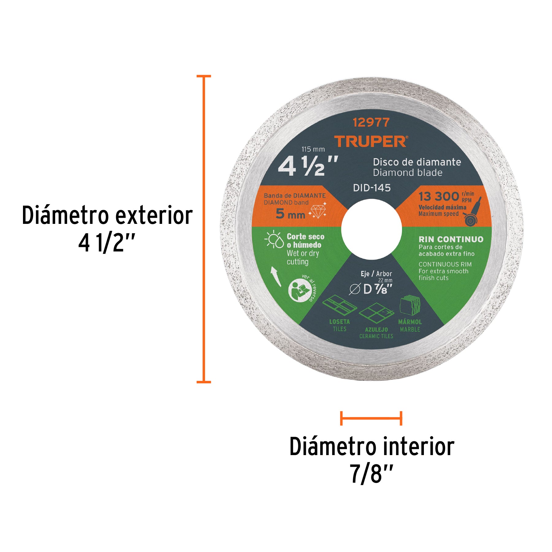 Disco diamantado de 4-1/2" x 1.6 mm rin continuo, Truper - 12977