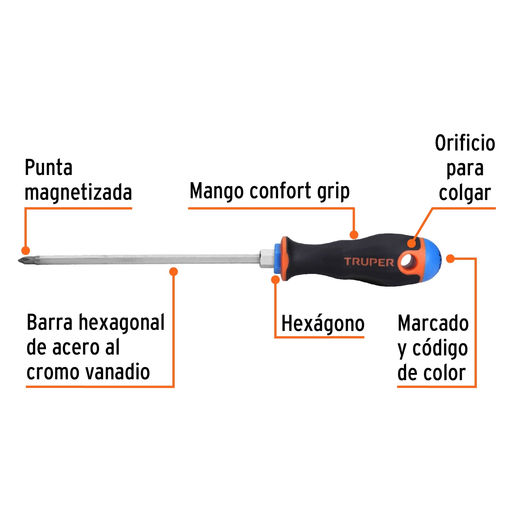 Desarmador de cruz 3/16" x 6" mango Comfort Grip, Truper - 14067
