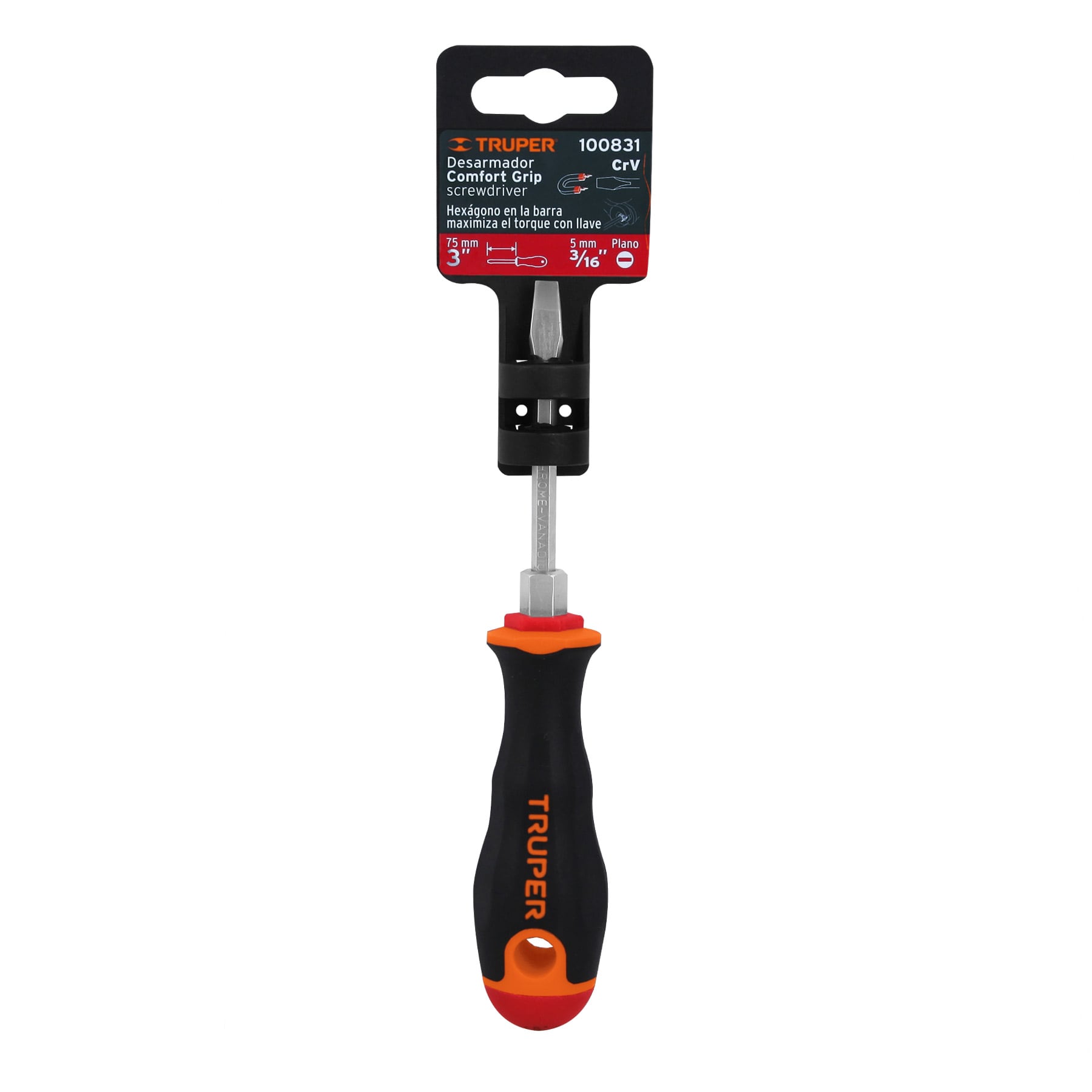 Desarmador plano 3/16" x 3" mango Comfort Grip, Truper - 100831