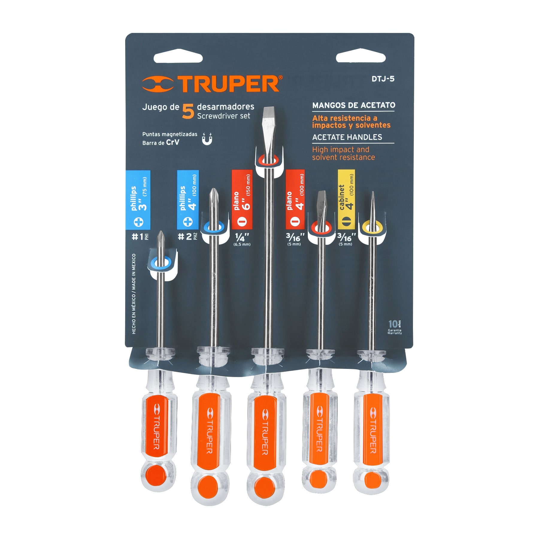 Juego de 5 desarmadores mangos de acetato, Truper 14137