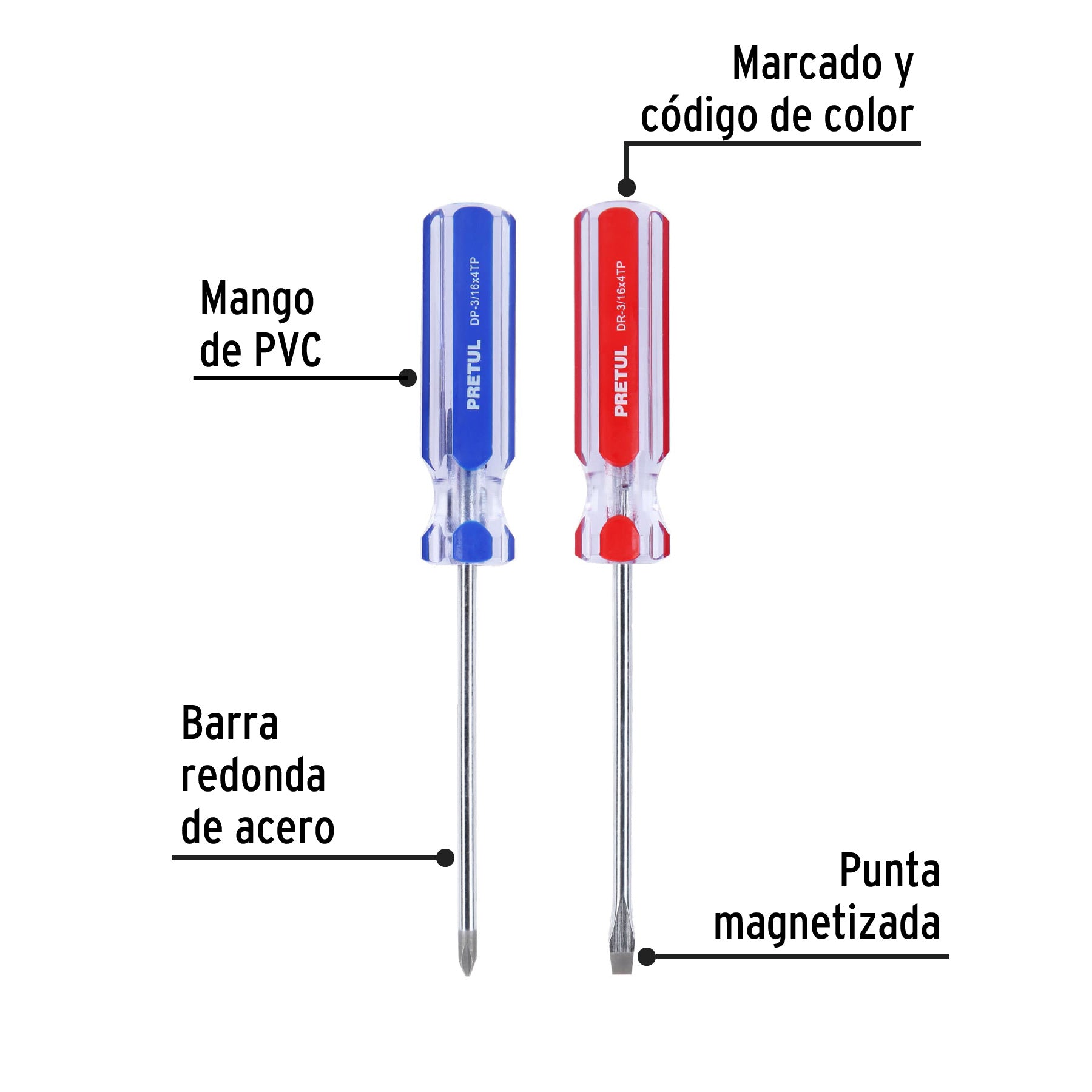 Dúo de desarmadores 3/16 x 4" mango de PVC, Pretul - 20211