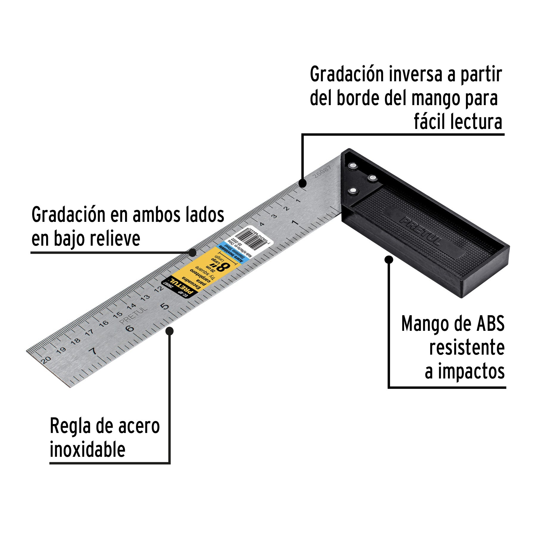 Escuadra 8" para carpintero, Pretul - 26087