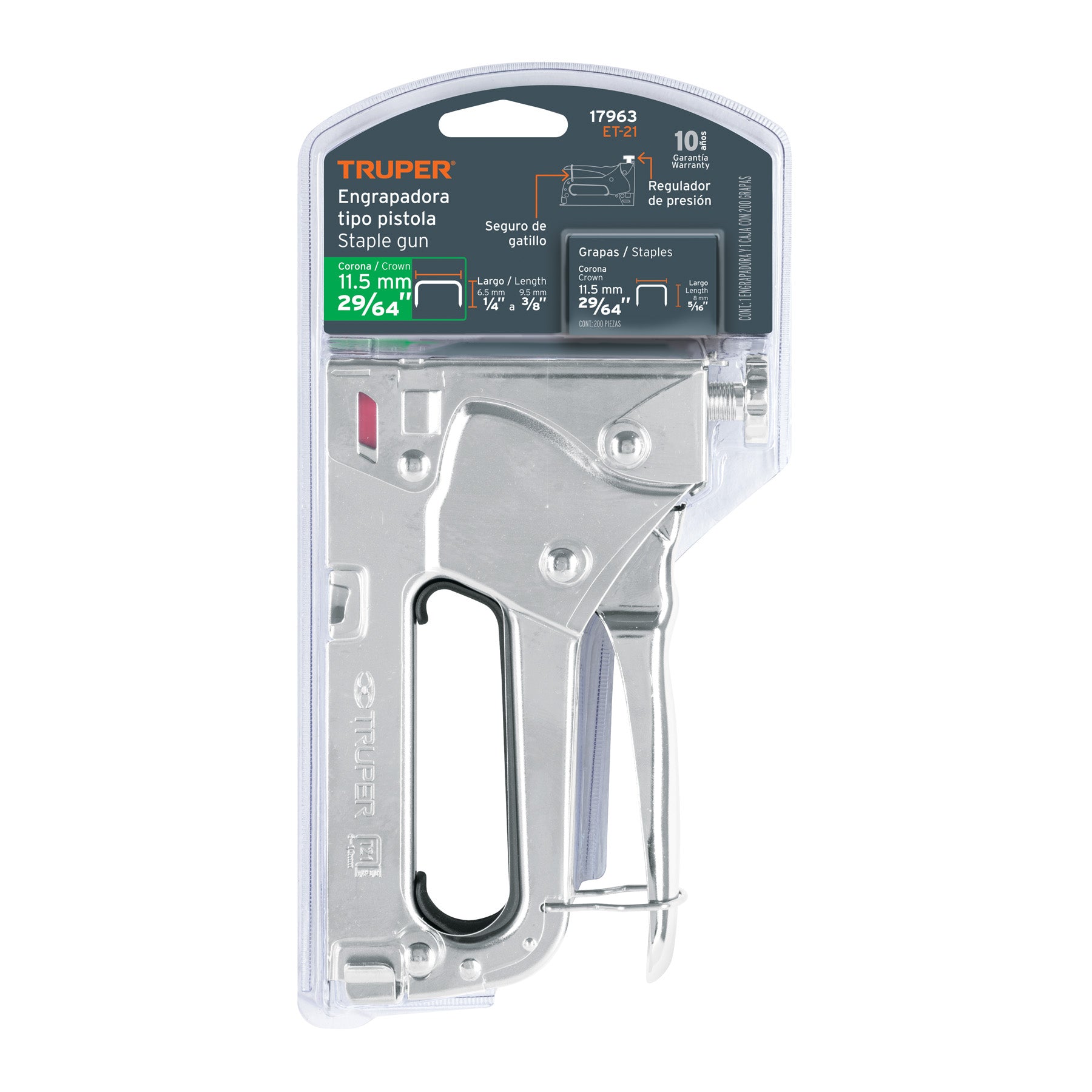 Engrapadora tipo pistola para ¼",5/16", 3/8", con 200 grapas ET-21, Truper - 17963
