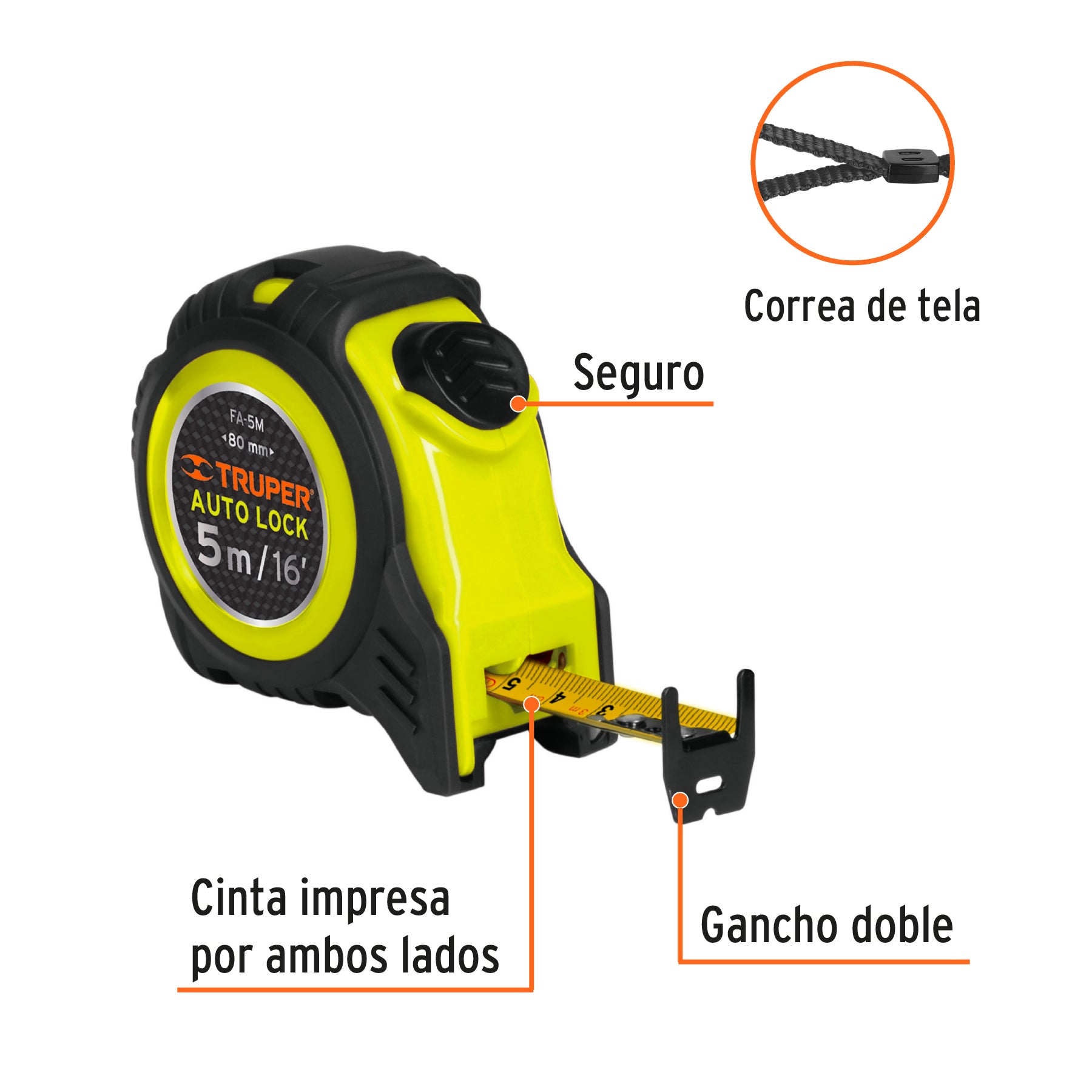 Wincha Auto-Lock contra impactos 5 m cinta 19 mm, Truper - 10747