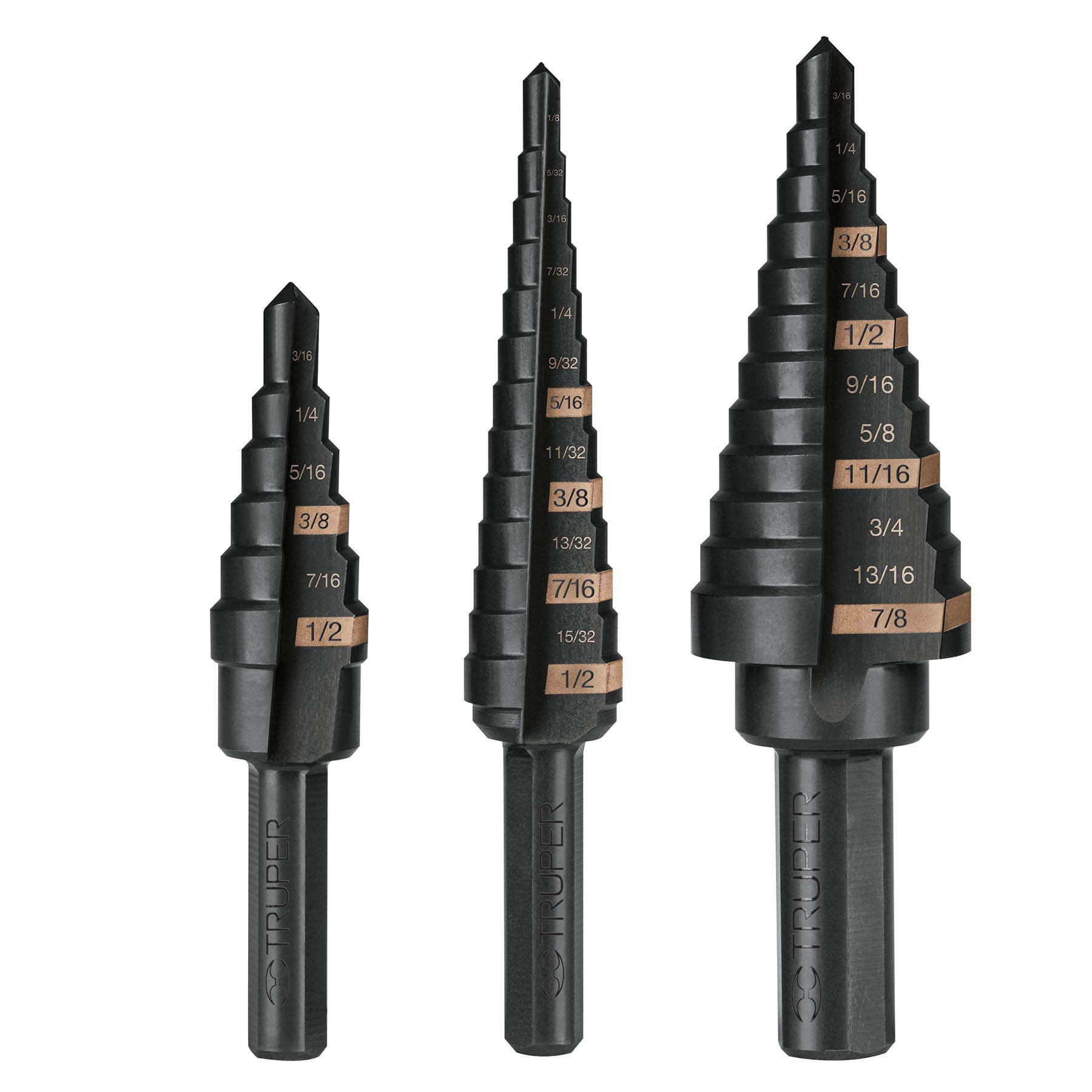 Juego de 3 brocas escalonadas de óxido negro, Truper - 100988