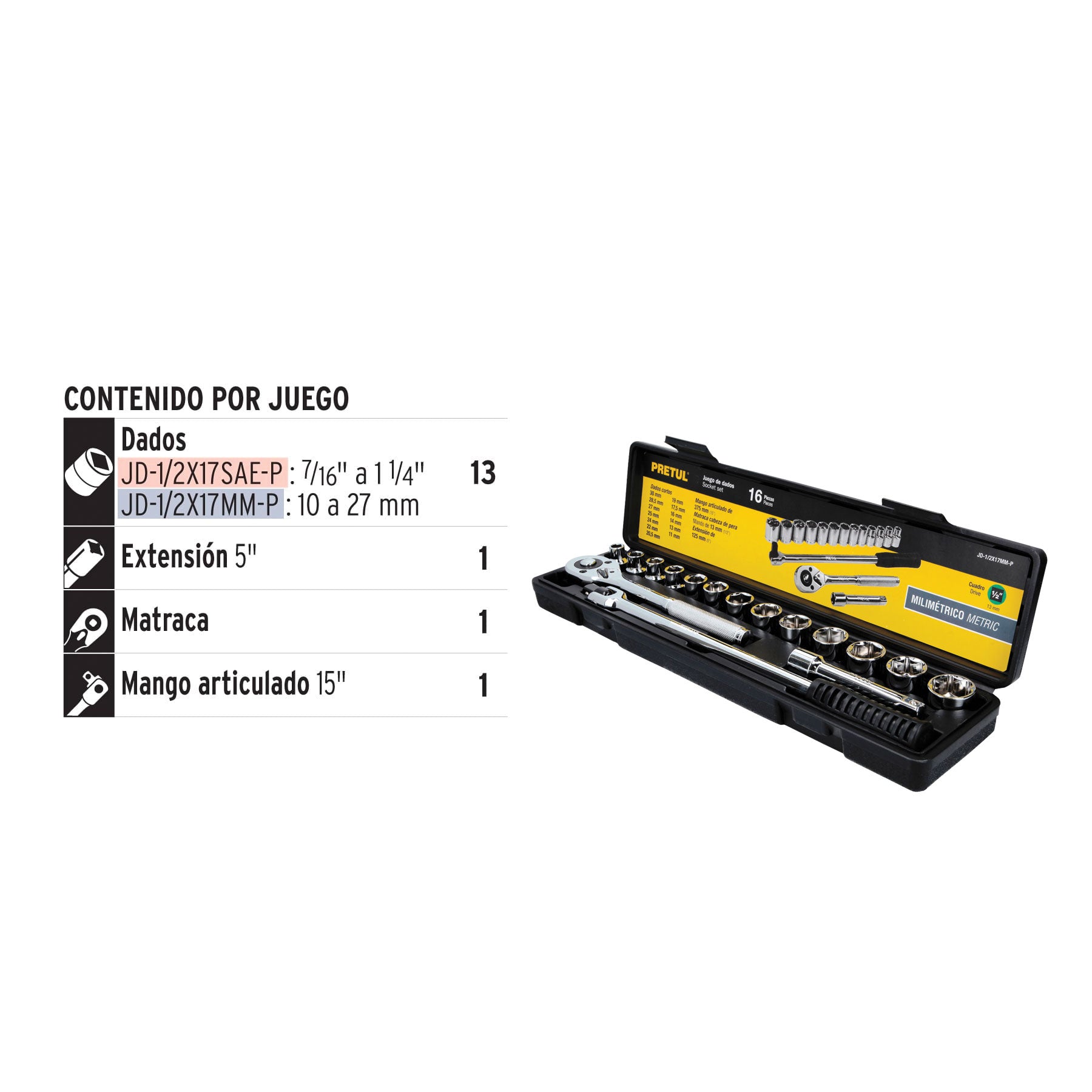 Juego de 16 herramientas 1/2" mm para mecánico, Pretul - 21174