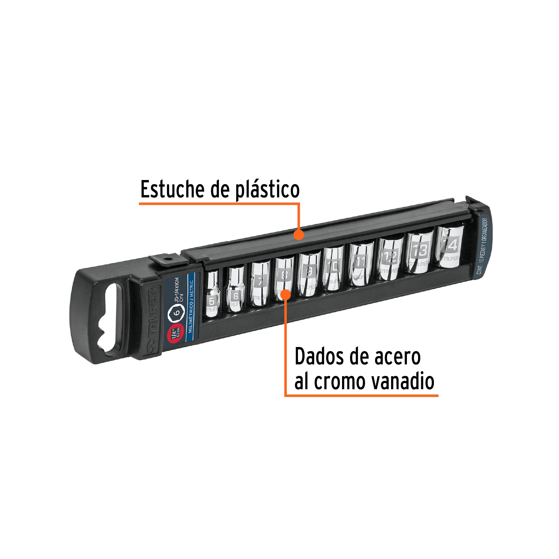 Juego de 10 dados hexagonales encastre 1/4" mm, Truper - 14166