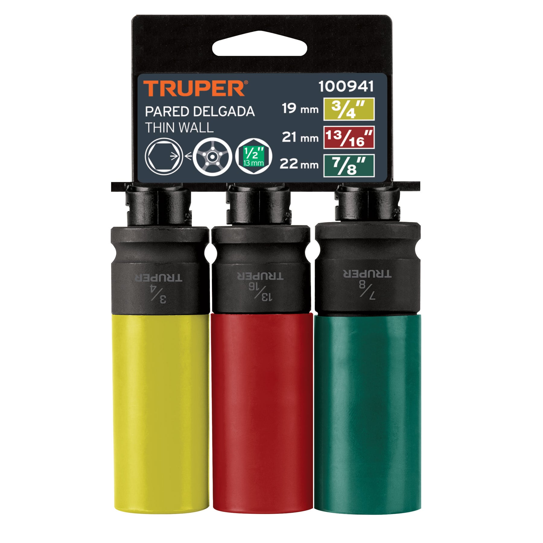 Juego 3 dados largos 1/2" impacto protección plástica 6p std Truper - 100941