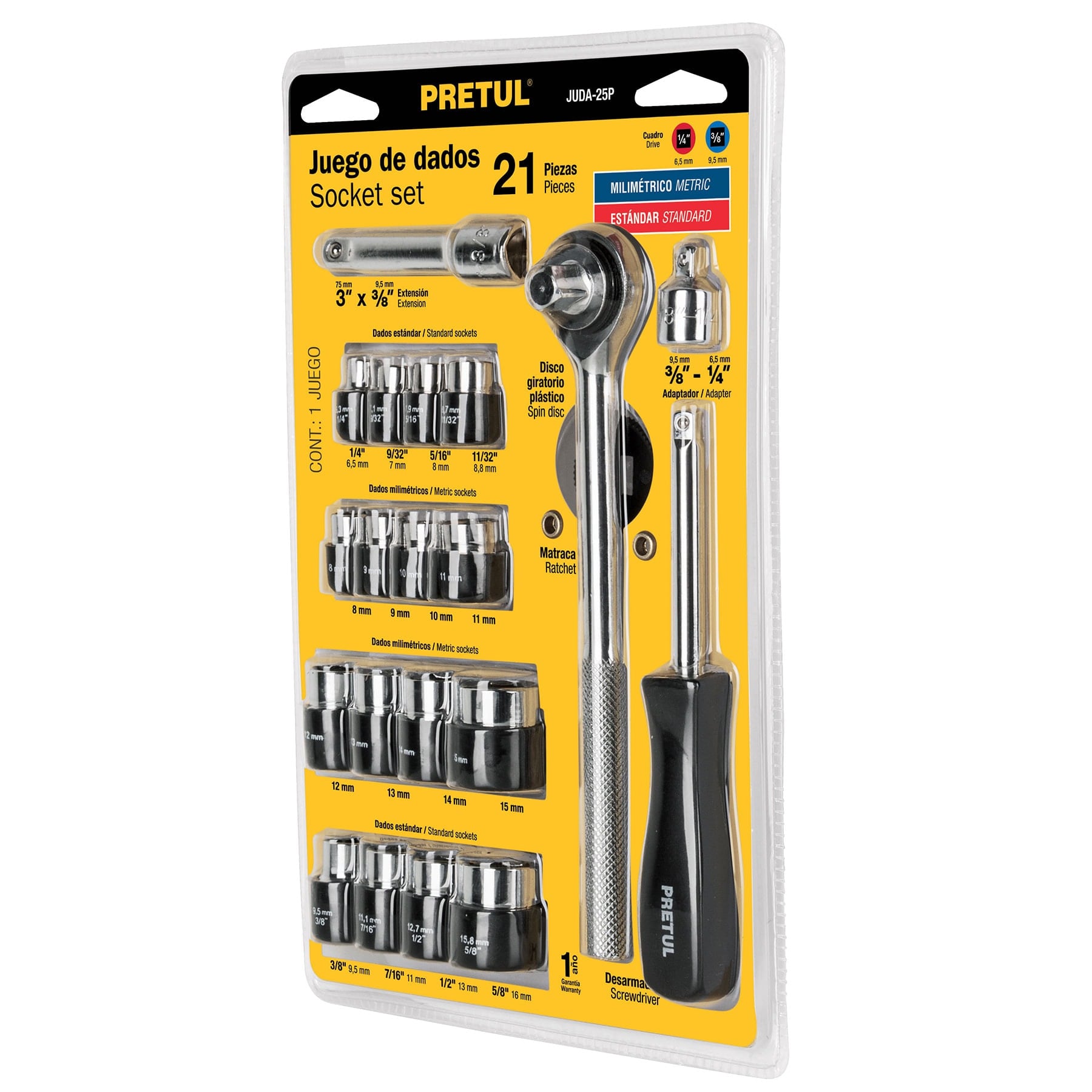 Juego De Dados Pretul De 21 Piezas 1/4" - 3/8" - 21162