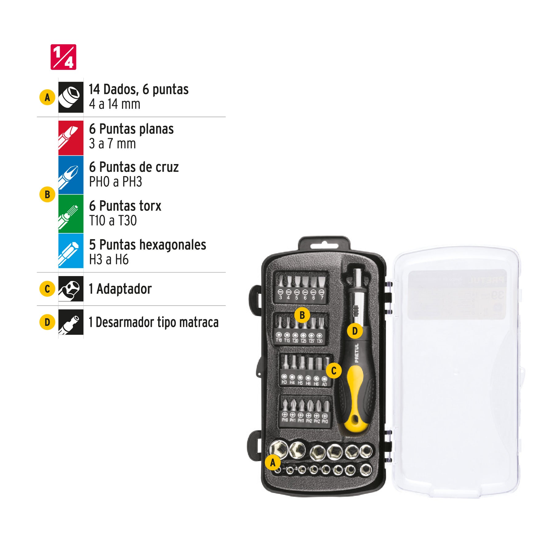 Juego de 39 herramientas 1/4" para mecánico, Pretul - 23971