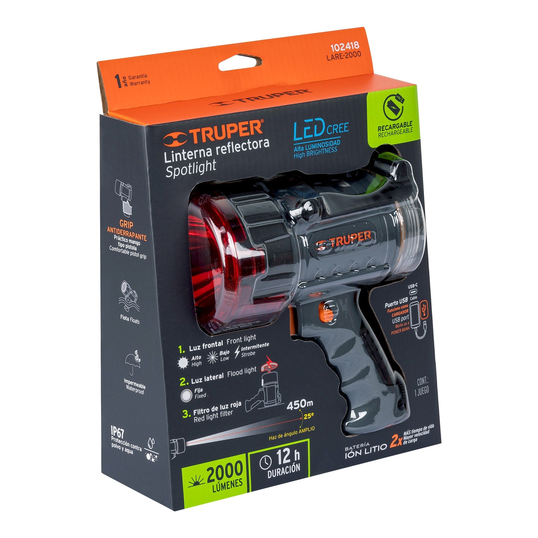 Linterna reflectora LED 2000 lm, recargable, Truper - 102418