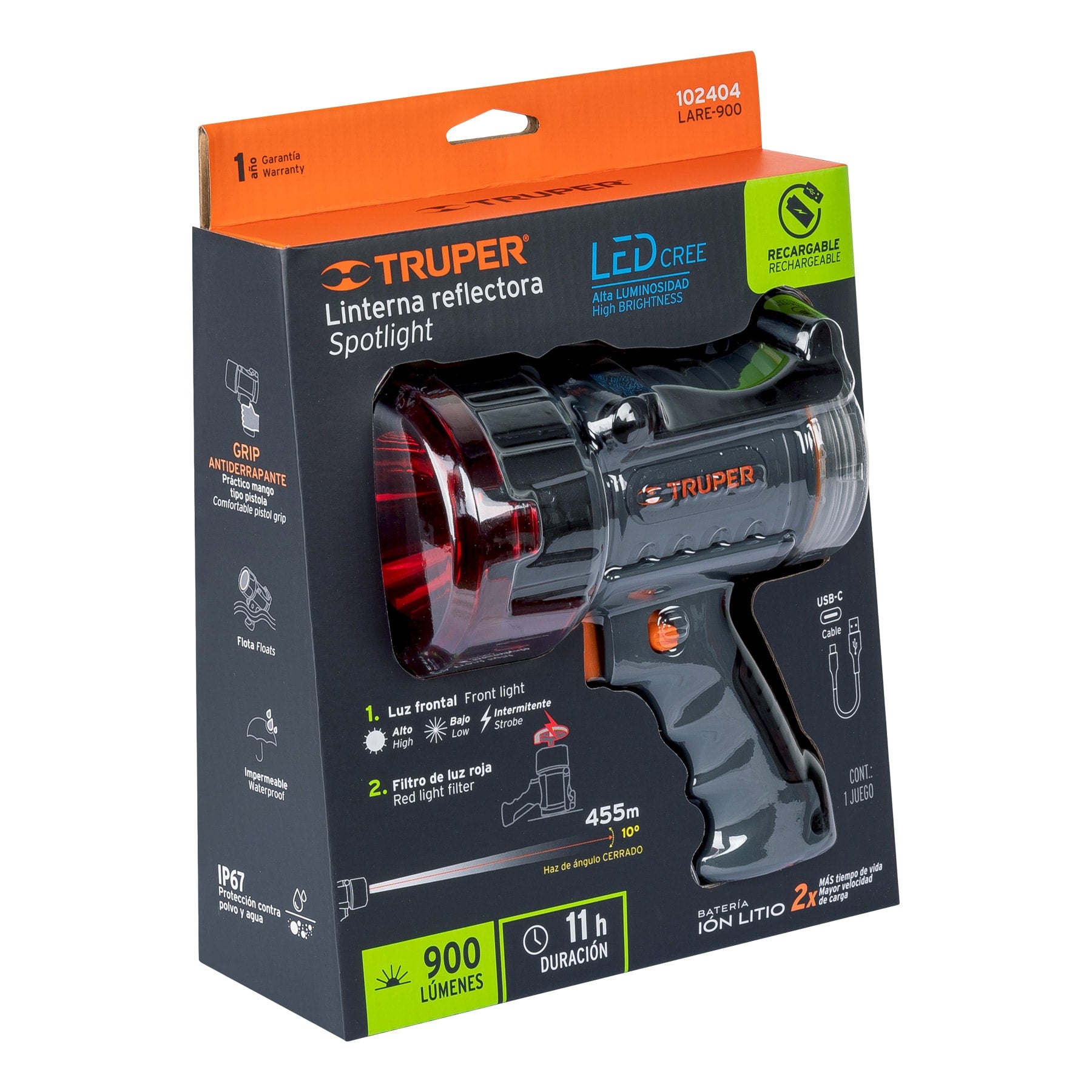 Linterna Lampara LED 900 lm recargable alta potencia, Truper - 102404