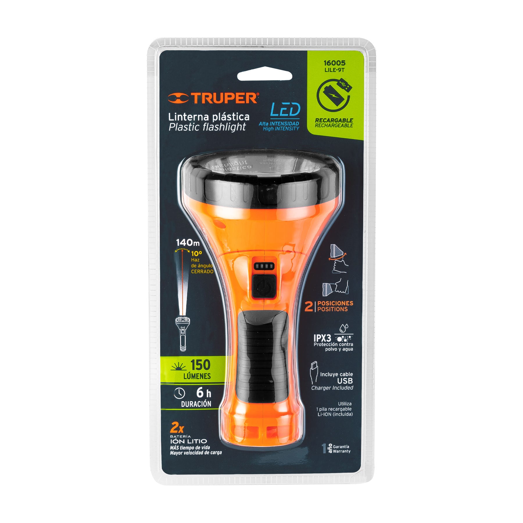 LILE-9T Linterna plástica 1 LED 150 lm recargable, Trupe - 16005