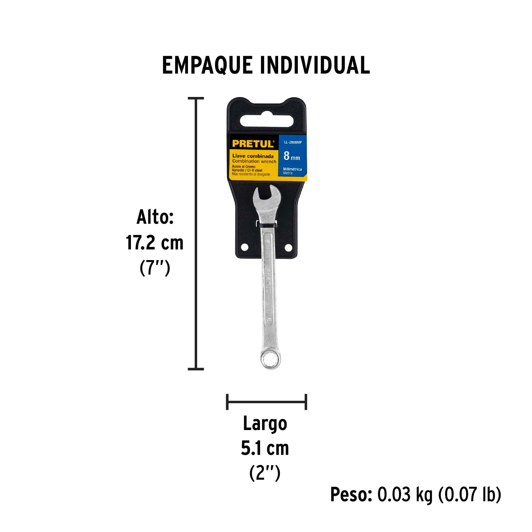 Llave combinada 8 mm x 120 mm de largo, Pretul - 21902