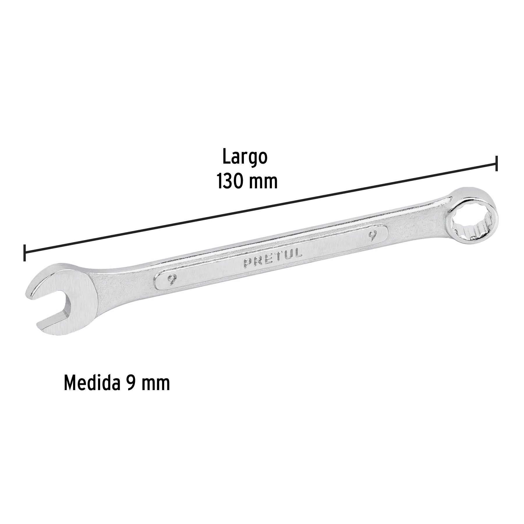 Llave combinada 9 mm x 130 mm de largo, Pretul - 21903