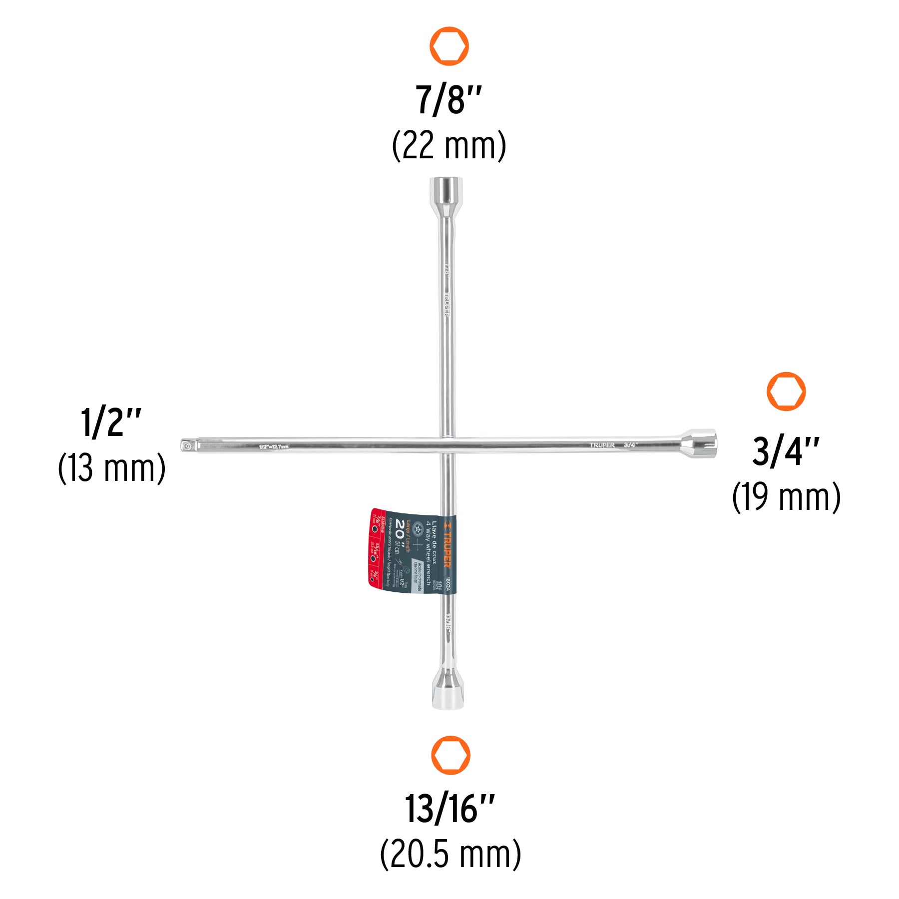 Llave de cruz 20" pulida y cromada con entrada cuadro 1/2" TRUPER - 18024