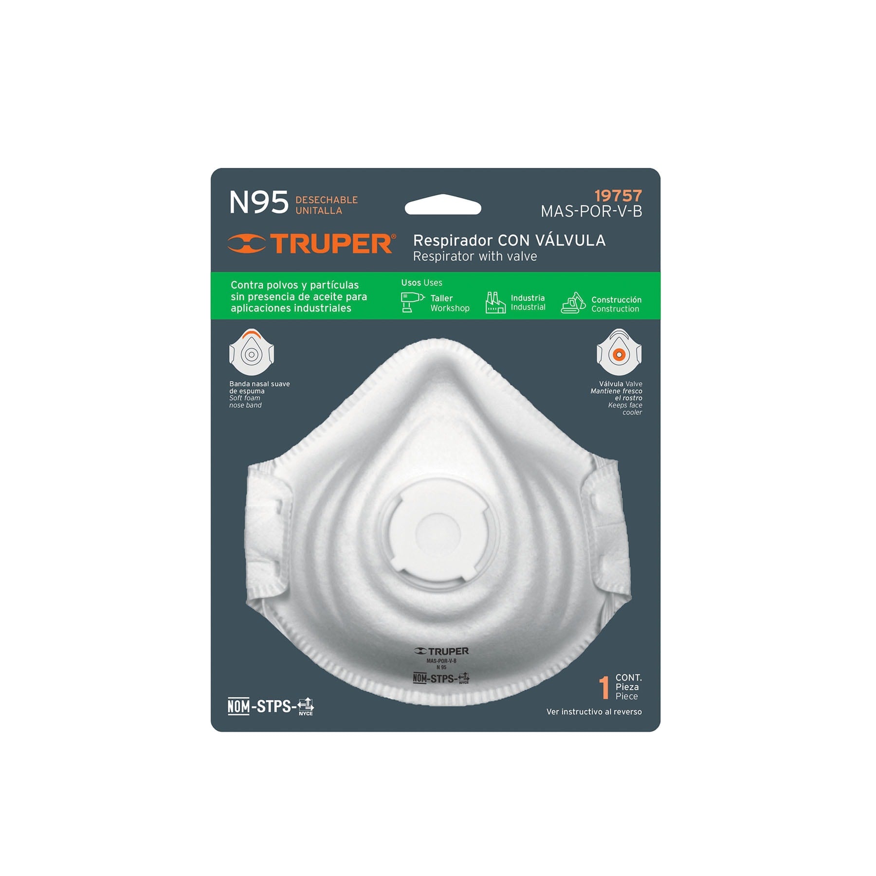 Respirador N95 con válvula para polvos y partículas, Truper - 19757