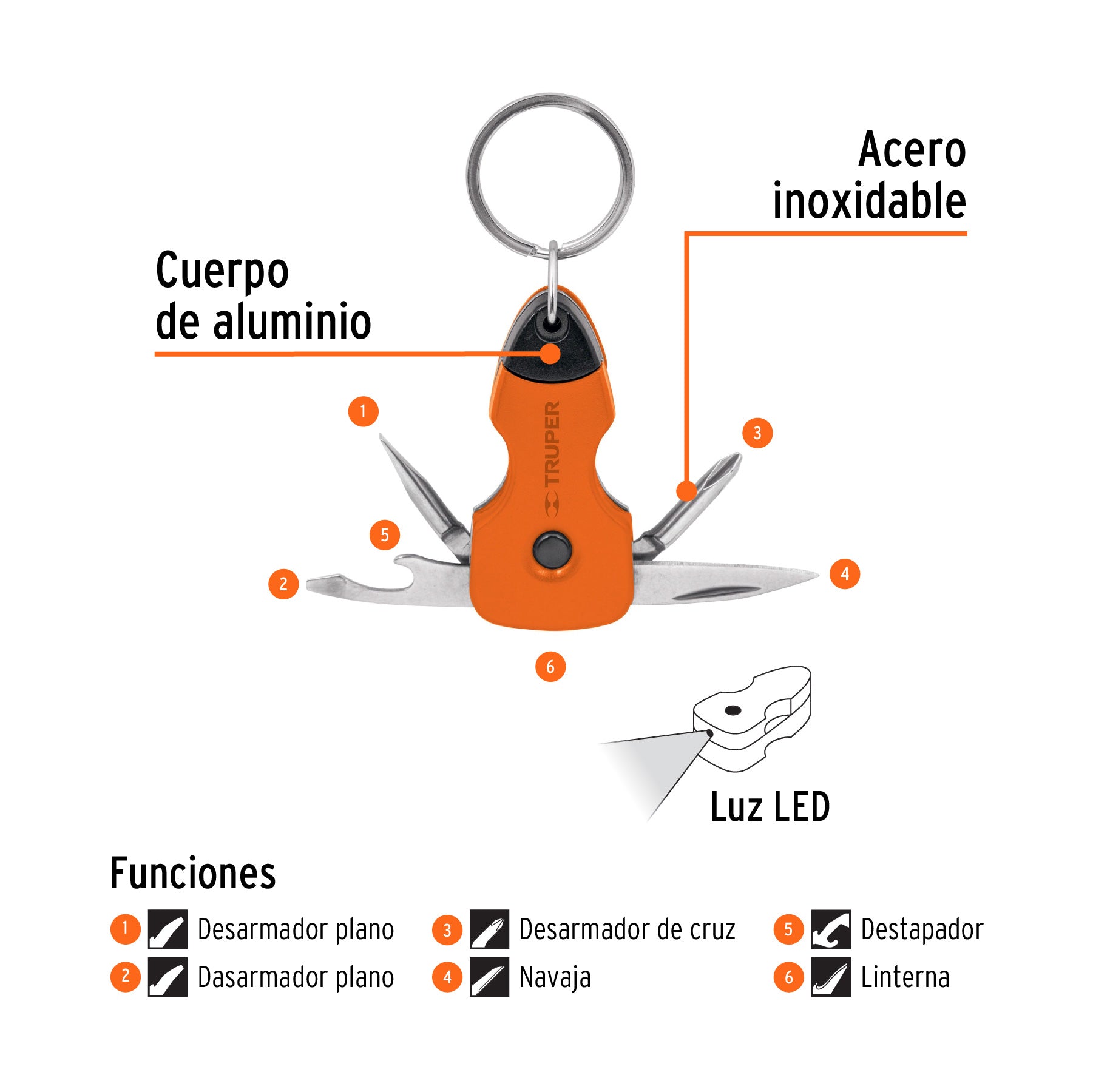Multiherramienta con led, tipo llavero, 6 funciones Truper - 13336