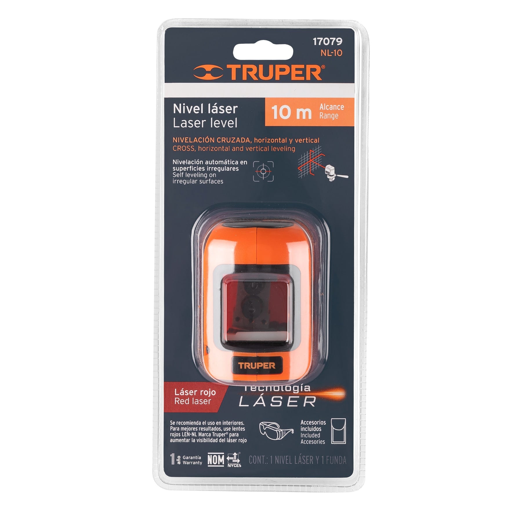 Nivel láser rojo con alcance de 10 m, de pilas, Truper - 17079