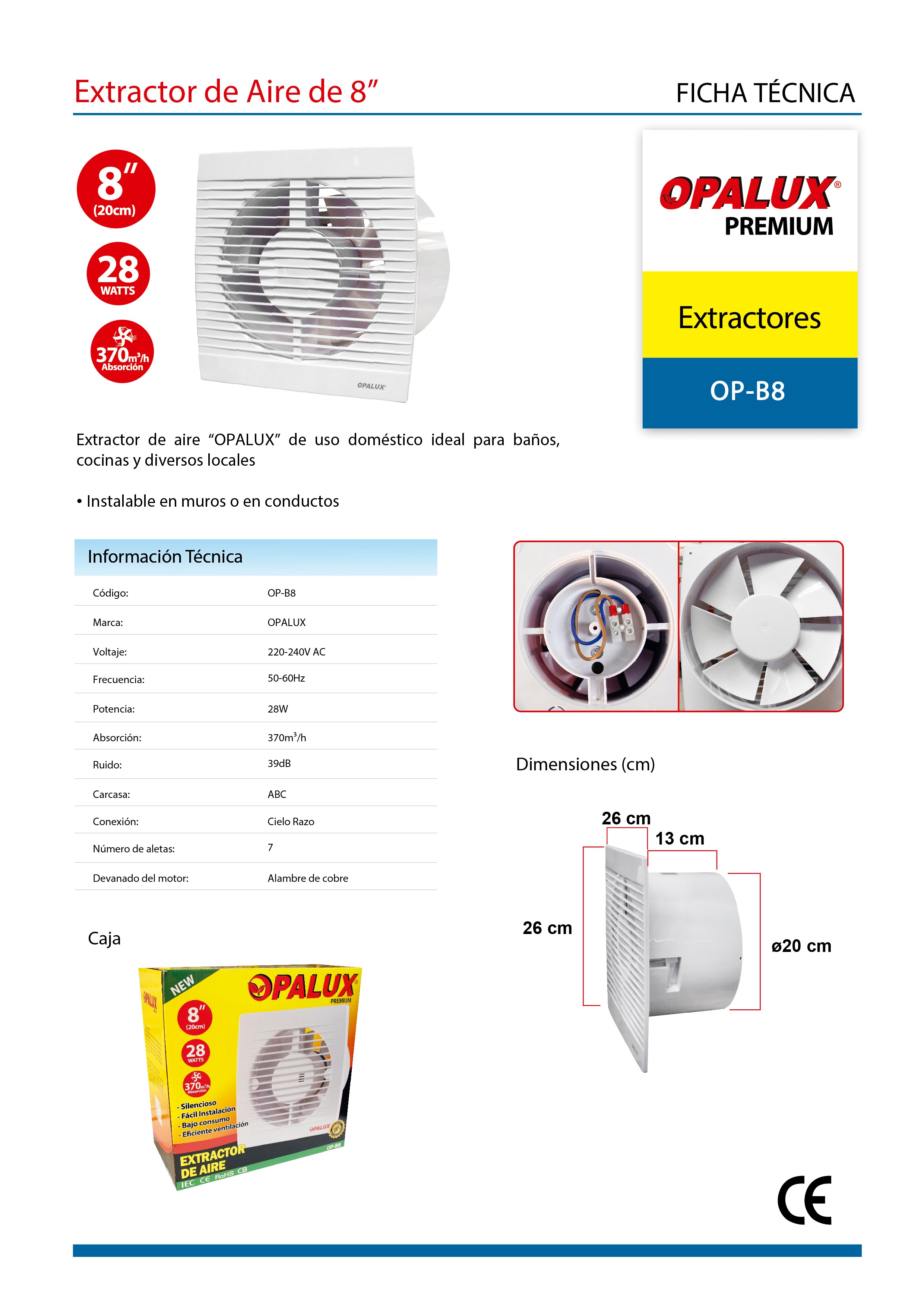 EXTRACTOR DE AIRE 8" 28W 220-240V OPALUX OP-B8N